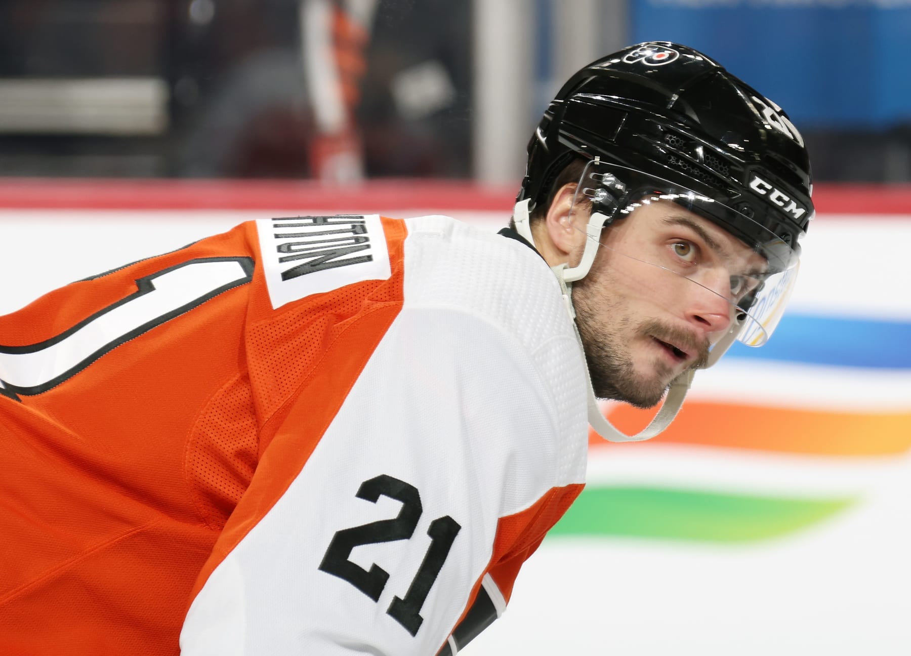 PHILADELPHIA, PENNSYLVANIA - JANUARY 20:  Scott Laughton #21 of the Philadelphia Flyers looks on prior to a face-off against the Colorado Avalanche at the Wells Fargo Center on January 20, 2024 in Philadelphia, Pennsylvania.  (Photo by Len Redkoles/NHLI via Getty Images)