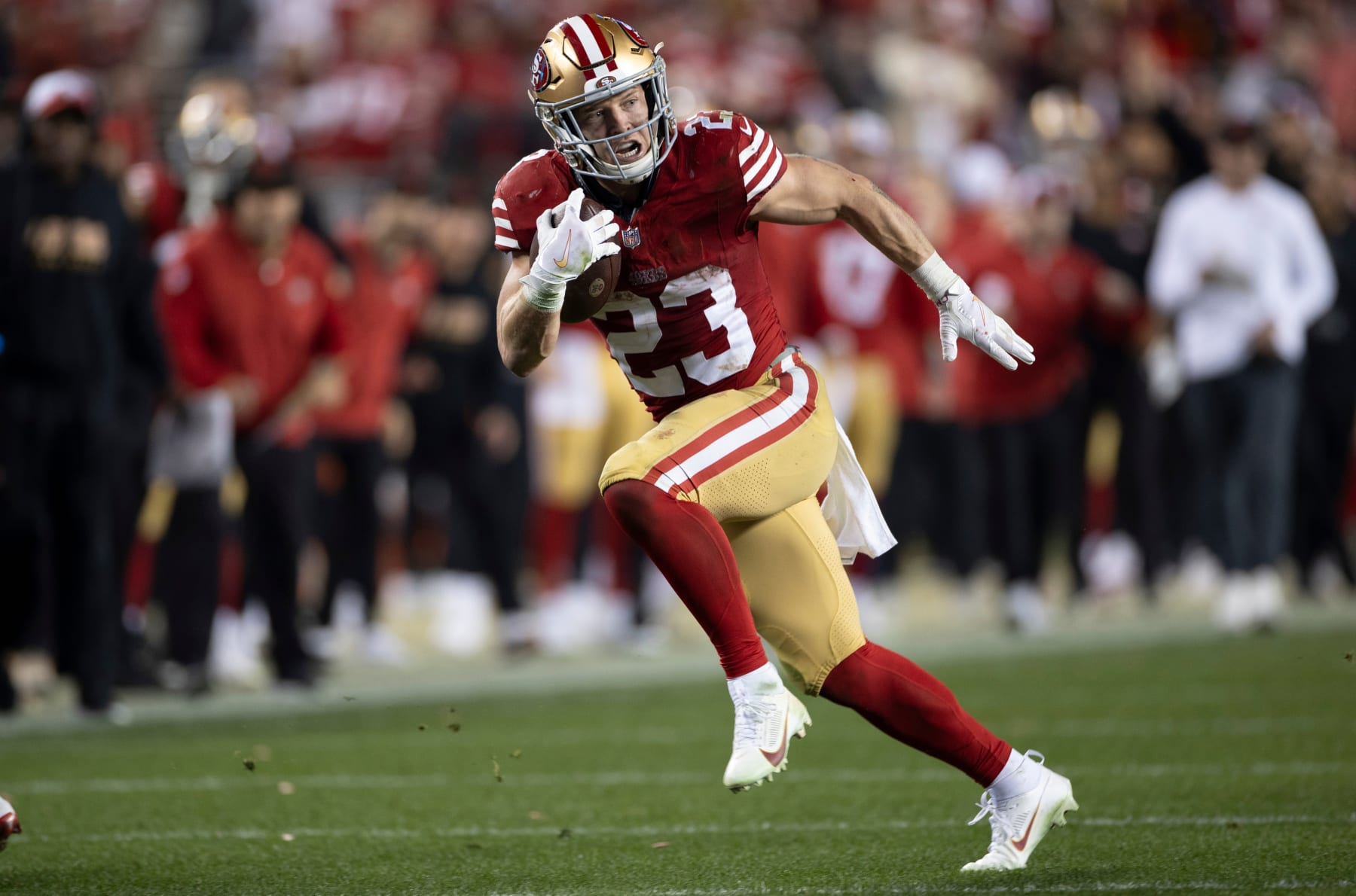 SANTA CLARA, CA - JANUARY 28: Christian McCaffrey #23 of the San Francisco 49ers rushes during the NFC Championship game against the Detroit Lions at Levi's Stadium on January 28, 2024 in Santa Clara, California. The 49ers defeated the Lions 34-31. (Photo by Michael Zagaris/San Francisco 49ers/Getty Images)