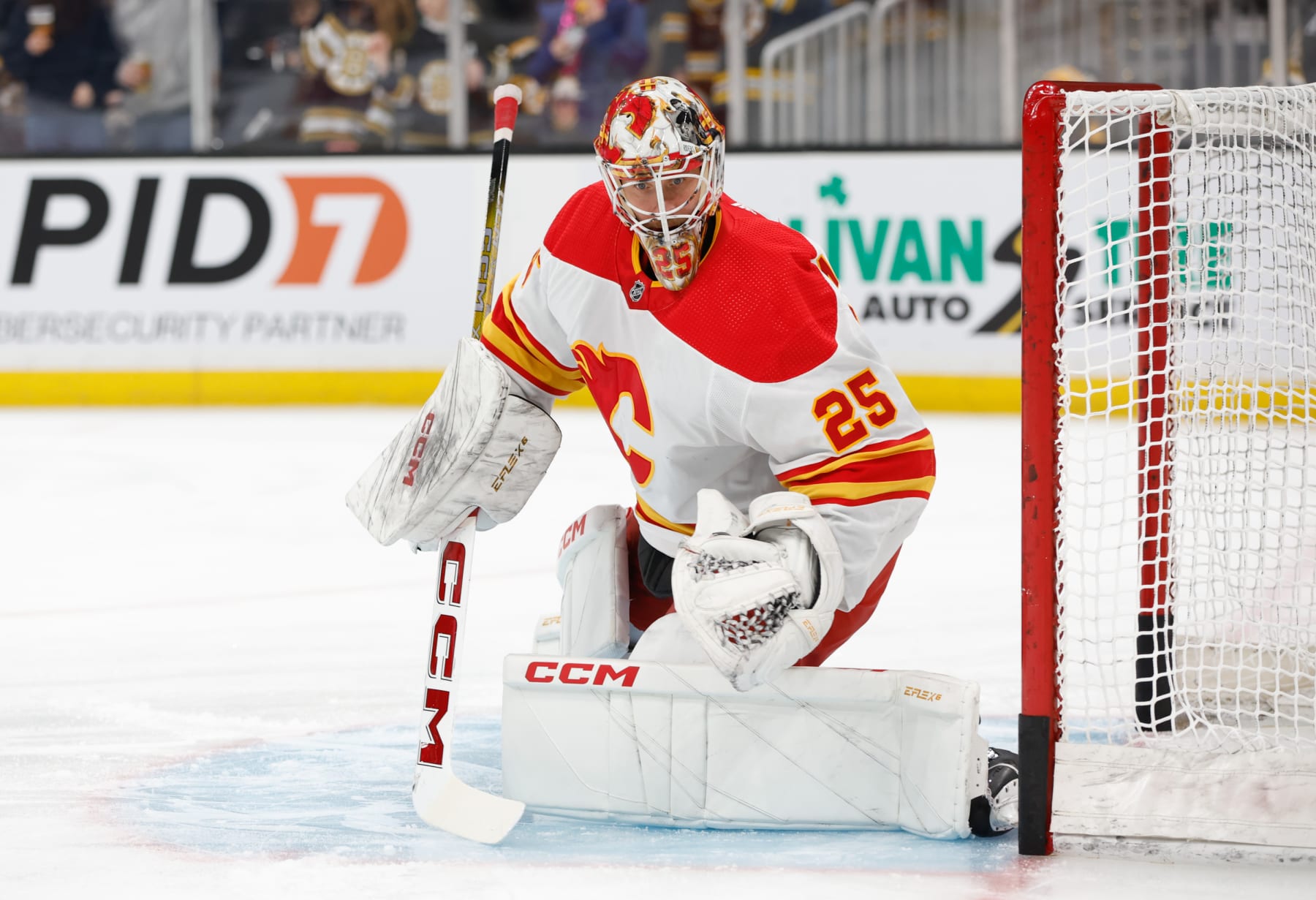 BOSTON, MASSACHUSETTS - FEBRUARY 6: Jacob Markstrom #25 of the Calgary Flames warms up prior to a game against the Boston Bruins at the TD Garden on February 6, 2024 in Boston, Massachusetts. (Photo by Rich Gagnon/Getty Images)