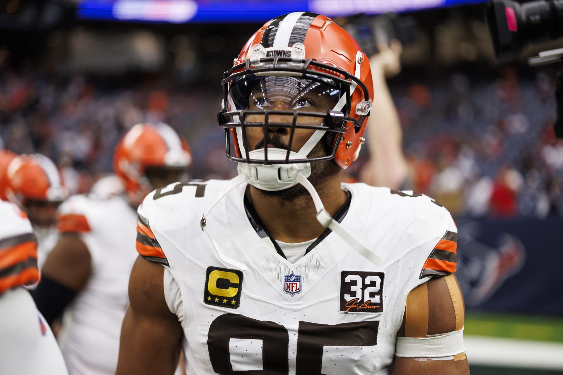 HOUSTON, TEXAS - JANUARY 13: Myles Garrett #95 of the Cleveland Browns looks on during pregame warmups before an AFC wild-card playoff football game against the Houston Texans at NRG Stadium on January 13, 2024 in Houston, Texas. (Photo by Ryan Kang/Getty Images)