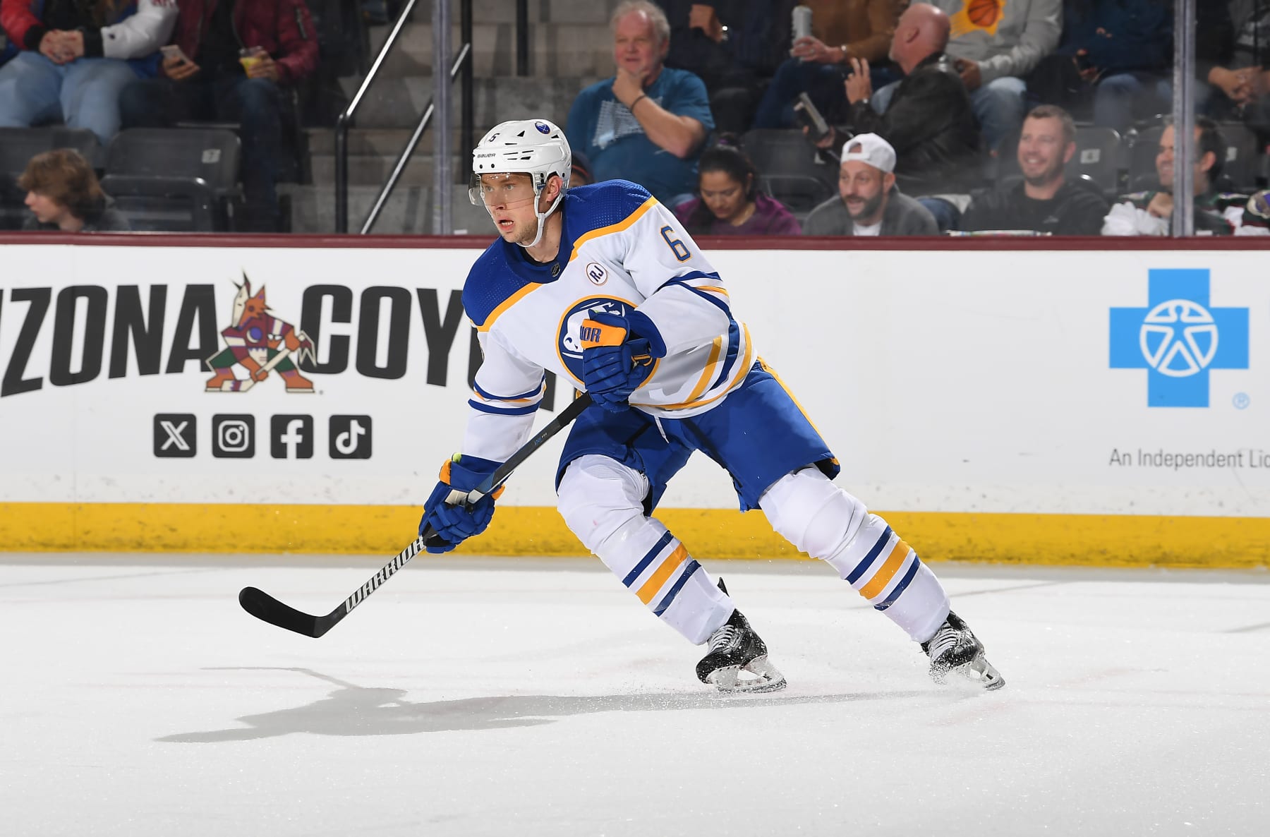 TEMPE, ARIZONA - DECEMBER 16: Erik Johnson #6 of the Buffalo Sabres skates up ice against the Arizona Coyotes at Mullett Arena on December 16, 2023 in Tempe, Arizona. (Photo by Norm Hall/NHLI via Getty Images)