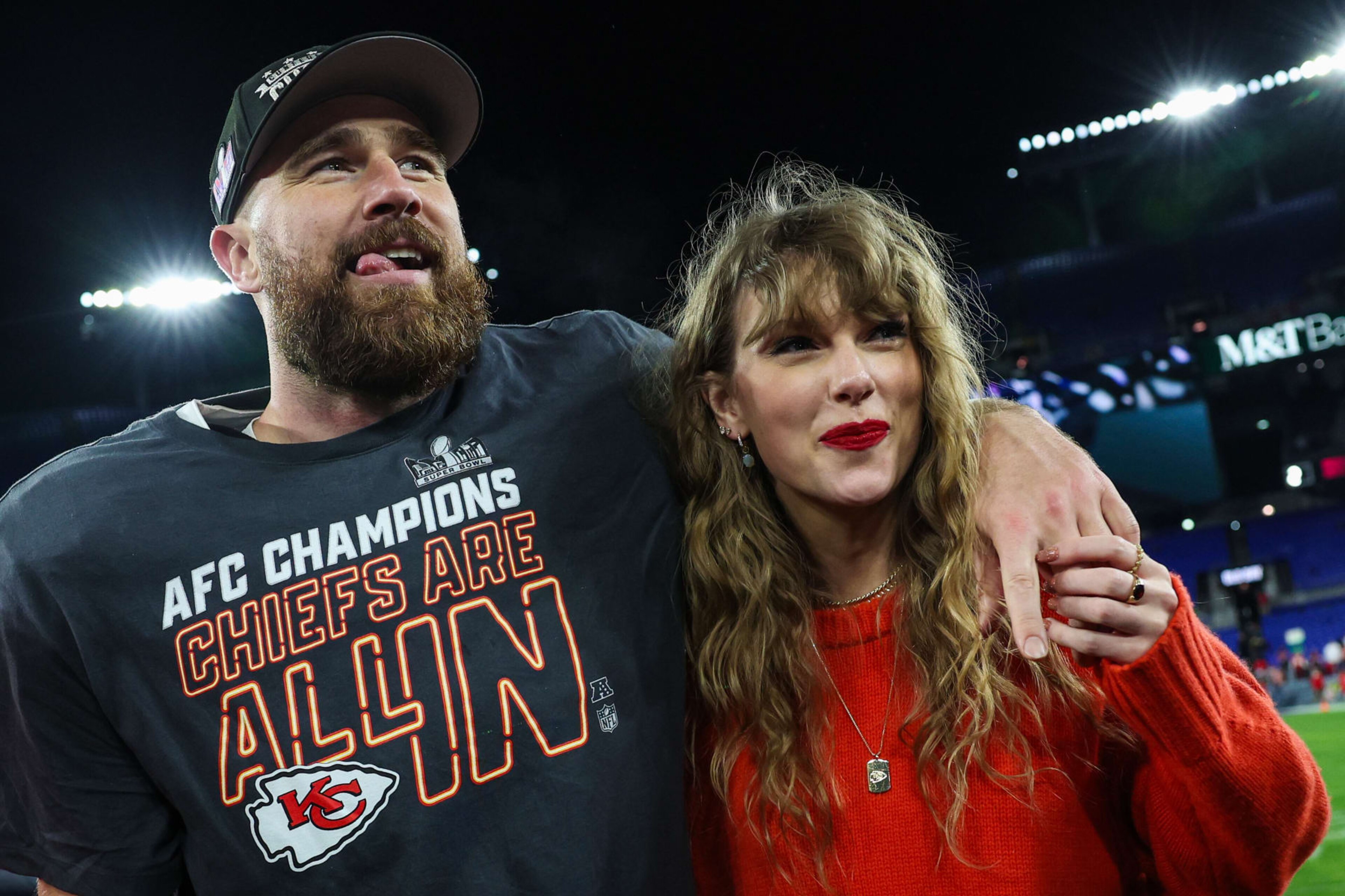 BALTIMORE, MARYLAND - JANUARY 28: Travis Kelce #87 of the Kansas City Chiefs (L) celebrates with Taylor Swift after defeating the Baltimore Ravens in the AFC Championship Game at M&T Bank Stadium on January 28, 2024 in Baltimore, Maryland. (Photo by Patrick Smith/Getty Images) BALTIMORE, MARYLAND - JANUARY 28: Travis Kelce #87 of the Kansas City Chiefs (L) celebrates with Taylor Swift after defeating the Baltimore Ravens in the AFC Championship Game at M&T Bank Stadium on January 28, 2024 in Baltimore, Maryland. (Photo by Patrick Smith/Getty Images)