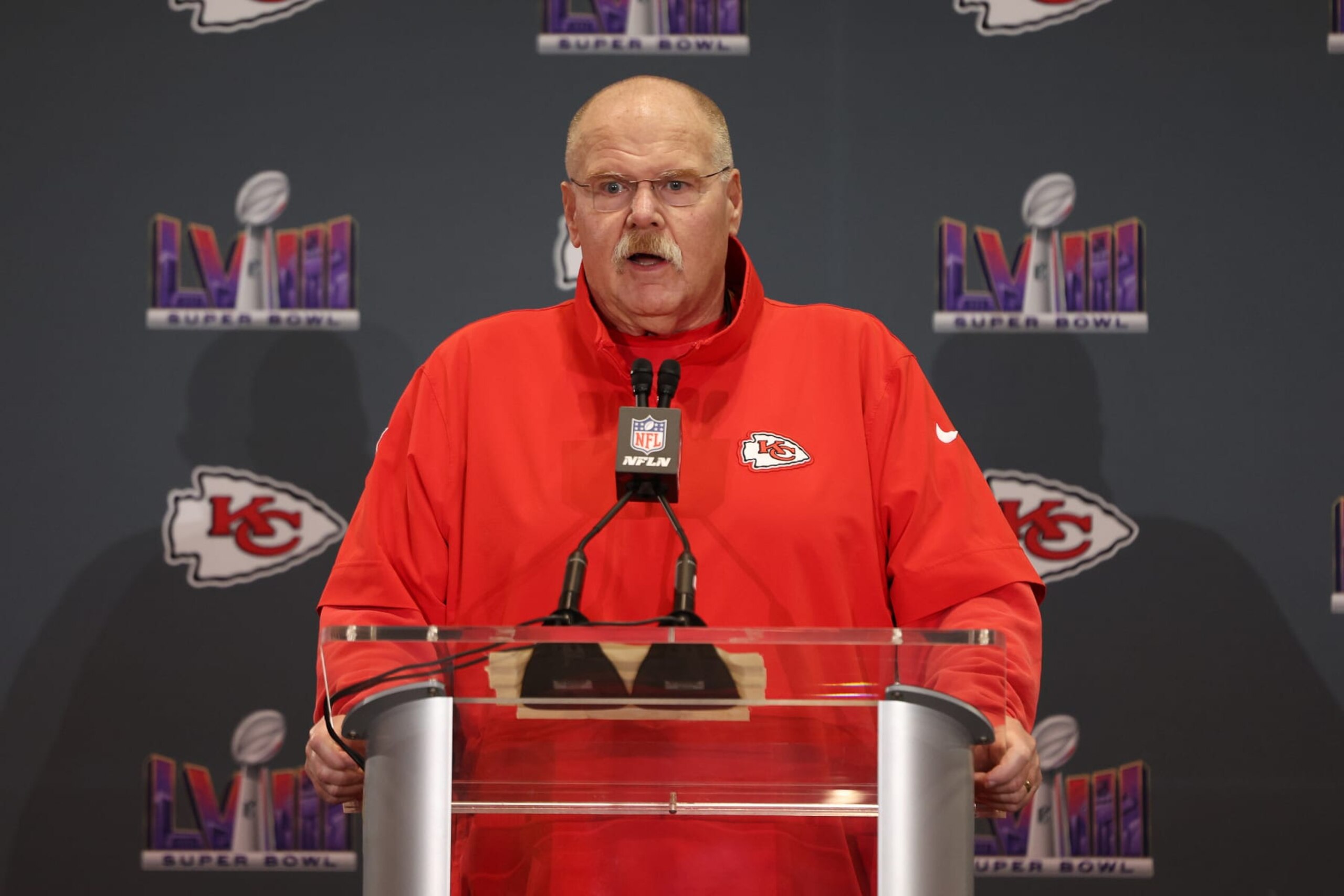 HENDERSON, NEVADA - FEBRUARY 07: Head coach Andy Reid of the Kansas City Chiefs speaks to the media during Kansas City Chiefs media availability ahead of Super Bowl LVIII at Westin Lake Las Vegas Resort and Spa on February 07, 2024 in Henderson, Nevada. (Photo by Jamie Squire/Getty Images)