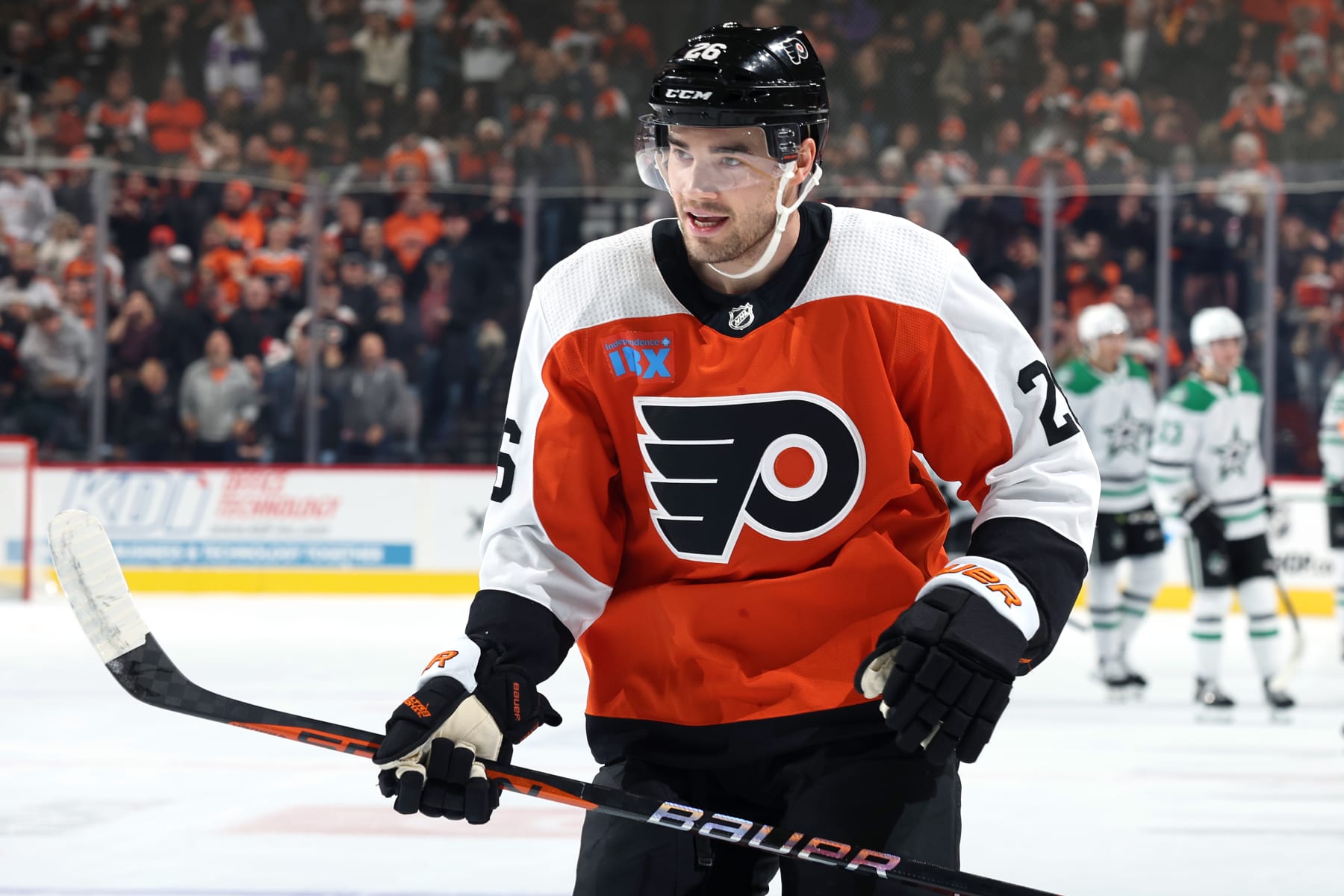 PHILADELPHIA, PENNSYLVANIA - JANUARY 18: Sean Walker #26 of the Philadelphia Flyers looks on after scoring during the first period against the Dallas Stars at the Wells Fargo Center on January 18, 2024 in Philadelphia, Pennsylvania. (Photo by Tim Nwachukwu/Getty Images)