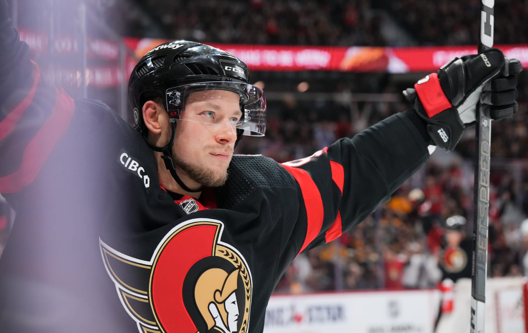 OTTAWA, CANADA - JANUARY 25: Vladimir Tarasenko #91 of the Ottawa Senators celebrates his third period goal against the Boston Bruins at Canadian Tire Centre on January 25, 2024 in Ottawa, Ontario, Canada.  (Photo by André Ringuette/NHLI via Getty Images)