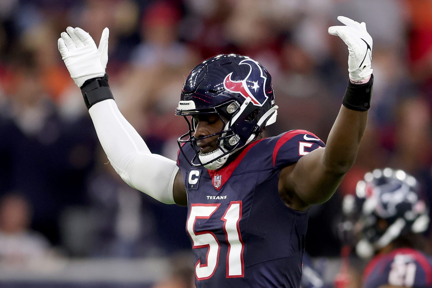 HOUSTON, TEXAS - JANUARY 13: Will Anderson Jr. #51 of the Houston Texans reacts against the Cleveland Browns during the second quarter in the AFC Wild Card Playoffs at NRG Stadium on January 13, 2024 in Houston, Texas. (Photo by Tim Warner/Getty Images)