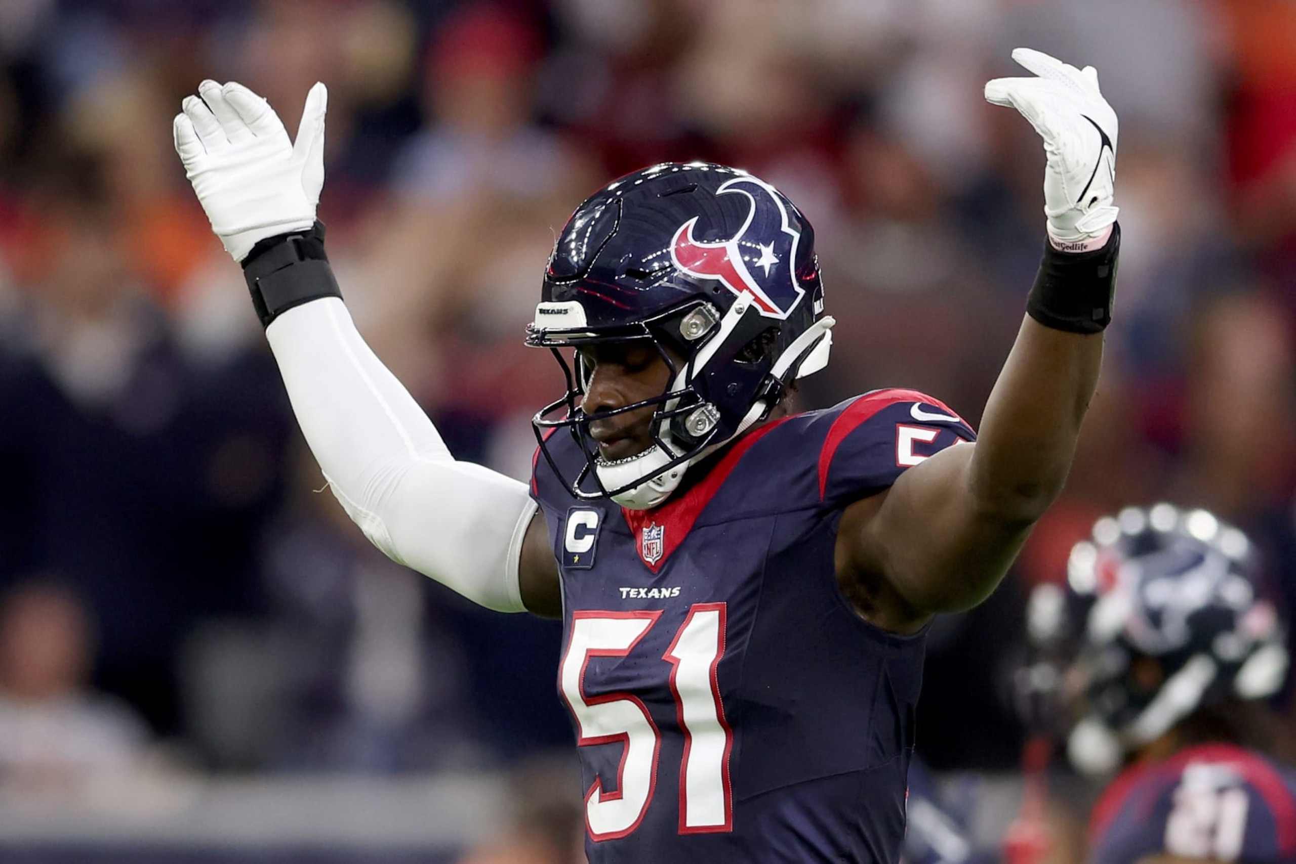 HOUSTON, TEXAS - JANUARY 13: Will Anderson Jr. #51 of the Houston Texans reacts against the Cleveland Browns during the second quarter in the AFC Wild Card Playoffs at NRG Stadium on January 13, 2024 in Houston, Texas. (Photo by Tim Warner/Getty Images) HOUSTON, TEXAS - JANUARY 13: Will Anderson Jr. #51 of the Houston Texans reacts against the Cleveland Browns during the second quarter in the AFC Wild Card Playoffs at NRG Stadium on January 13, 2024 in Houston, Texas. (Photo by Tim Warner/Getty Images)