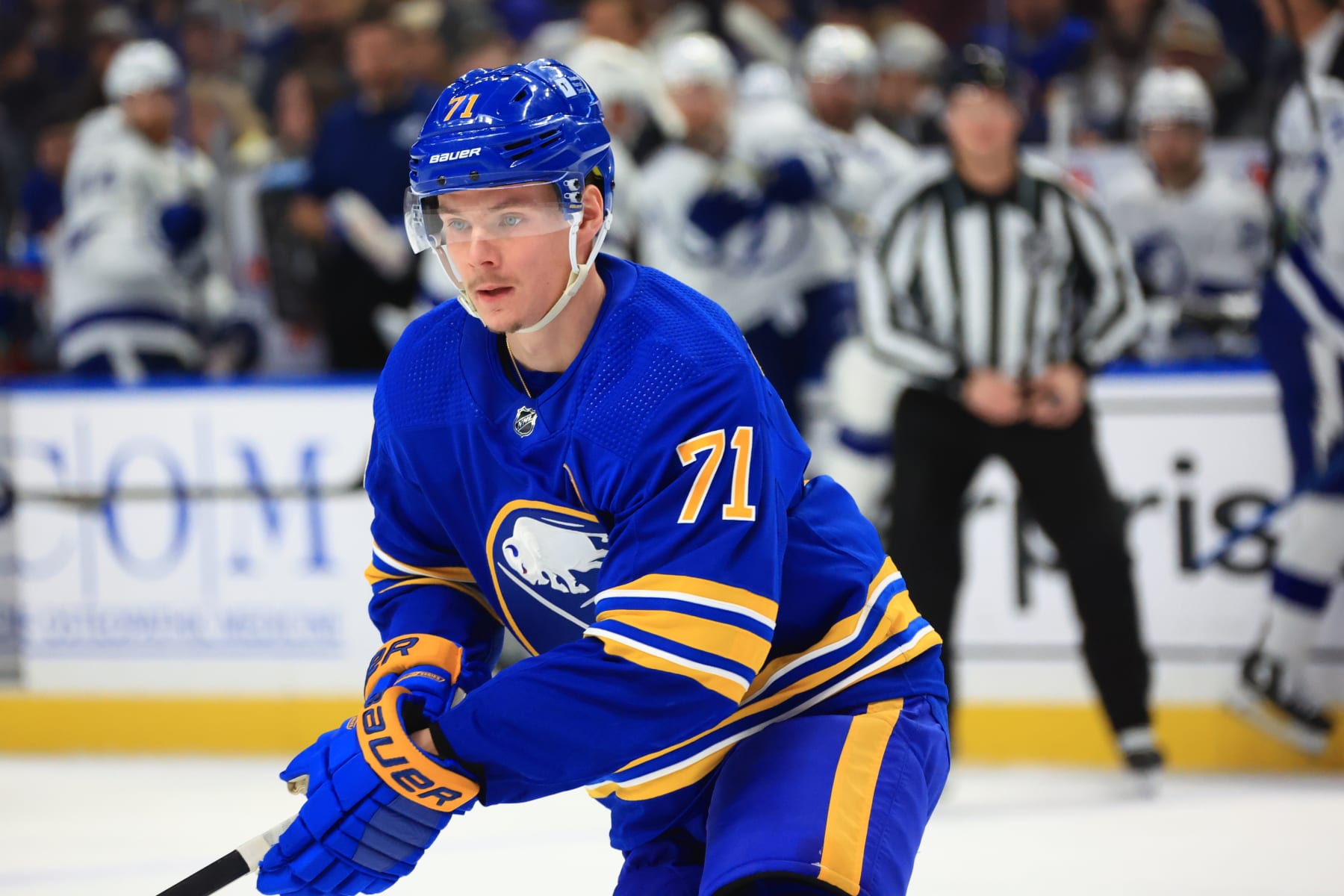 BUFFALO, NEW YORK - JANUARY 20: Victor Olofsson #71 of the Buffalo Sabres skates against the Tampa Bay Lightning during an NHL game on January 20, 2024 at KeyBank Center in Buffalo, New York. (Photo by Bill Wippert/NHLI via Getty Images)