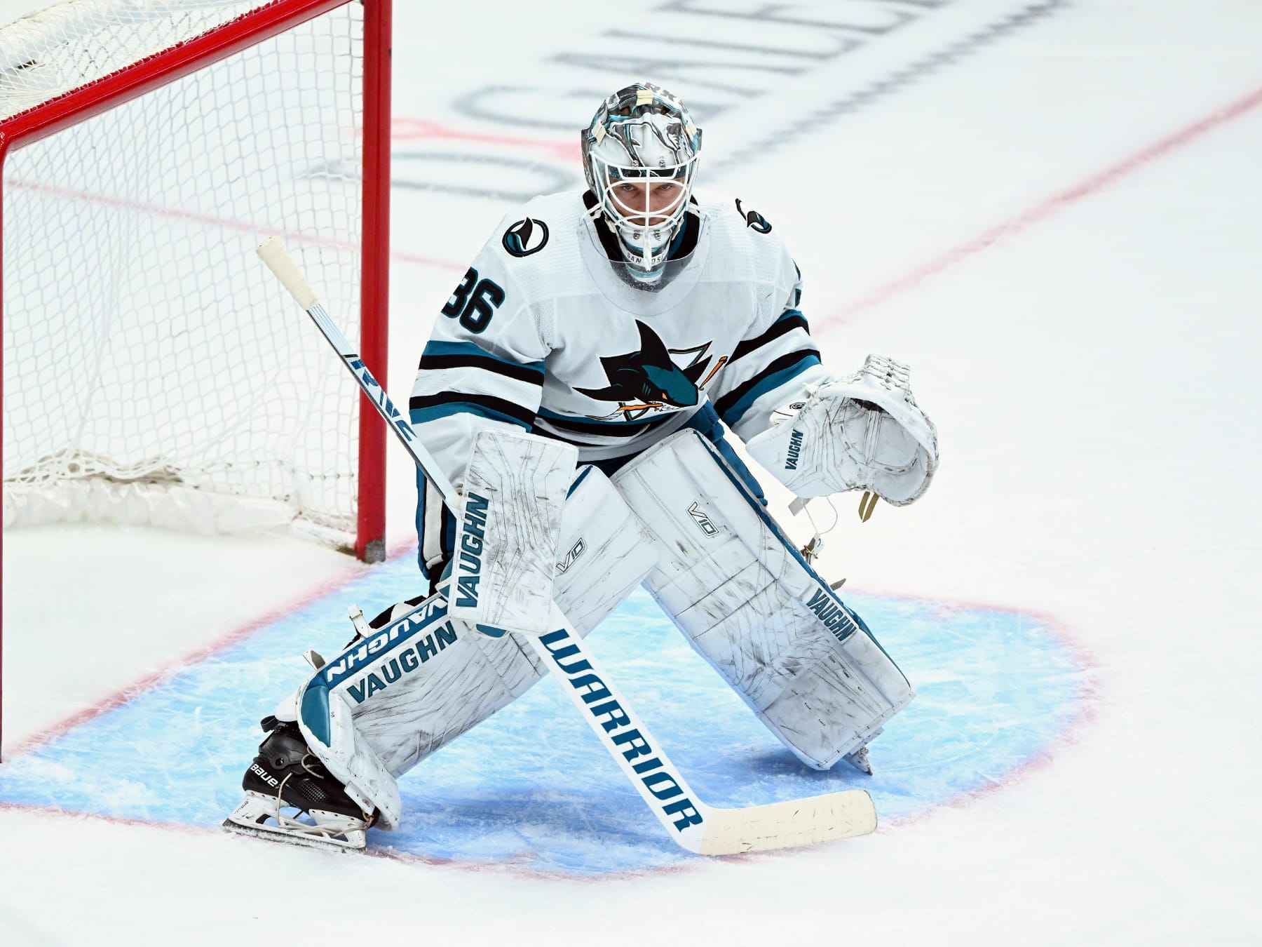 ANAHEIM, CA - JANUARY 31: San Jose Sharks goalie Kaapo Kahkonen (36) in goal during an NHL hockey game against the Anaheim Ducks played on January 31, 2024 at the Honda Center in Anaheim, CA. (Photo by John Cordes/Icon Sportswire via Getty Images)