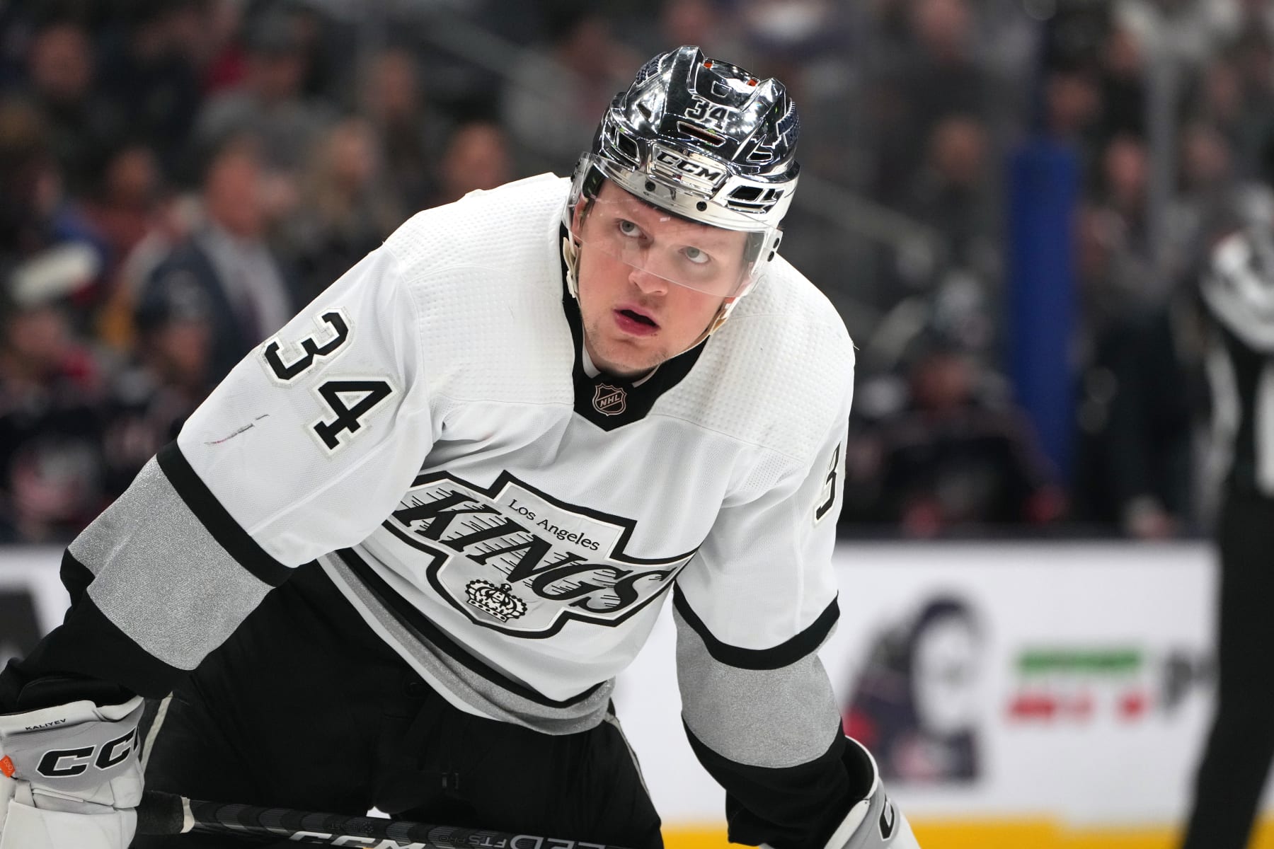 COLUMBUS, OHIO - DECEMBER 05: Arthur Kaliyev #34 of the Los Angeles Kings takes a break during a stoppage in play against the Columbus Blue Jackets at Nationwide Arena on December 05, 2023 in Columbus, Ohio. (Photo by Jason Mowry/Getty Images)