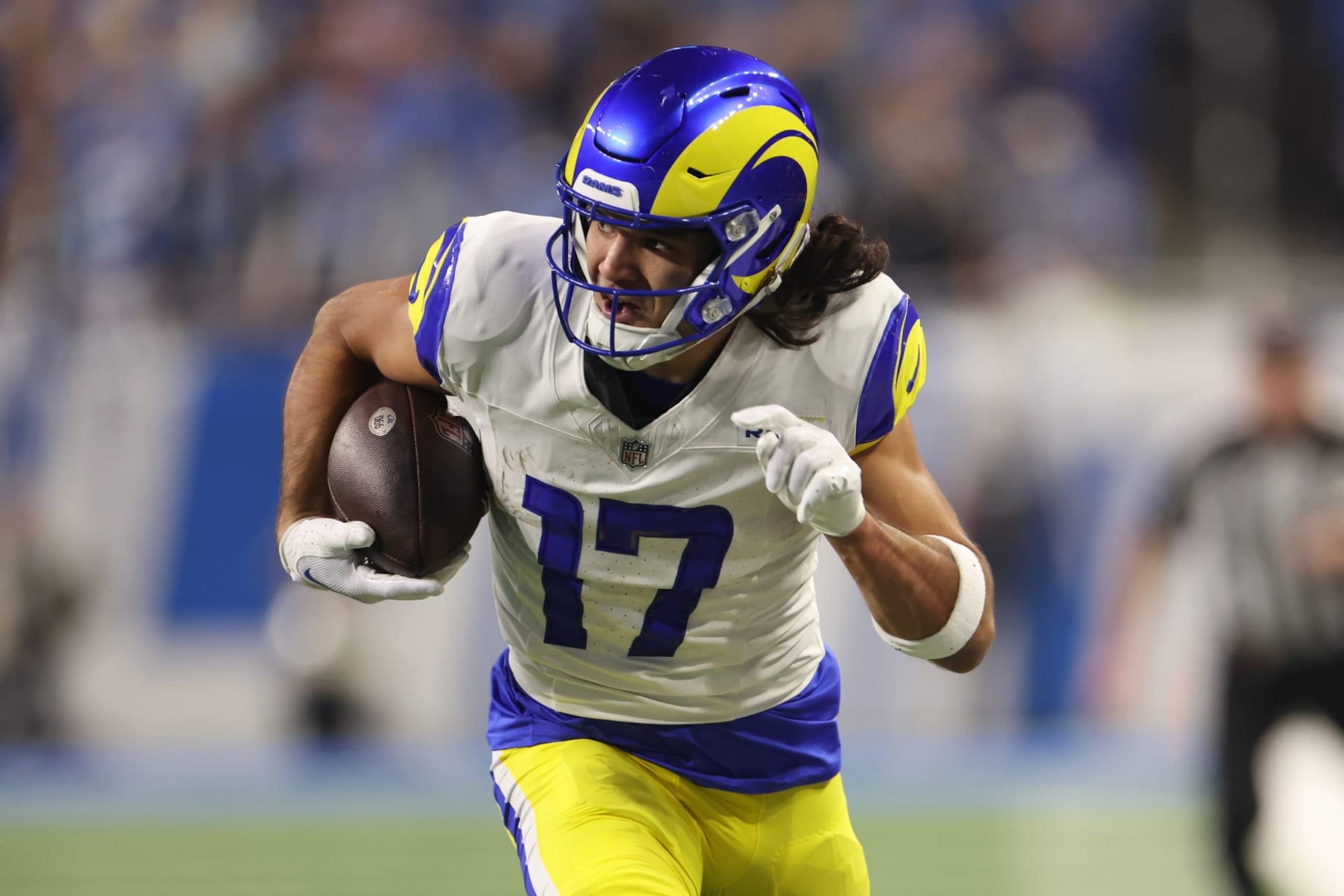 DETROIT, MICHIGAN - JANUARY 14: Puka Nacua #17 of the Los Angeles Rams plays against Detroit Lions during a NFC Wild Card Playoff game at Ford Field on January 14, 2024 in Detroit, Michigan. (Photo by Gregory Shamus/Getty Images) DETROIT, MICHIGAN - JANUARY 14: Puka Nacua #17 of the Los Angeles Rams plays against Detroit Lions during a NFC Wild Card Playoff game at Ford Field on January 14, 2024 in Detroit, Michigan. (Photo by Gregory Shamus/Getty Images)