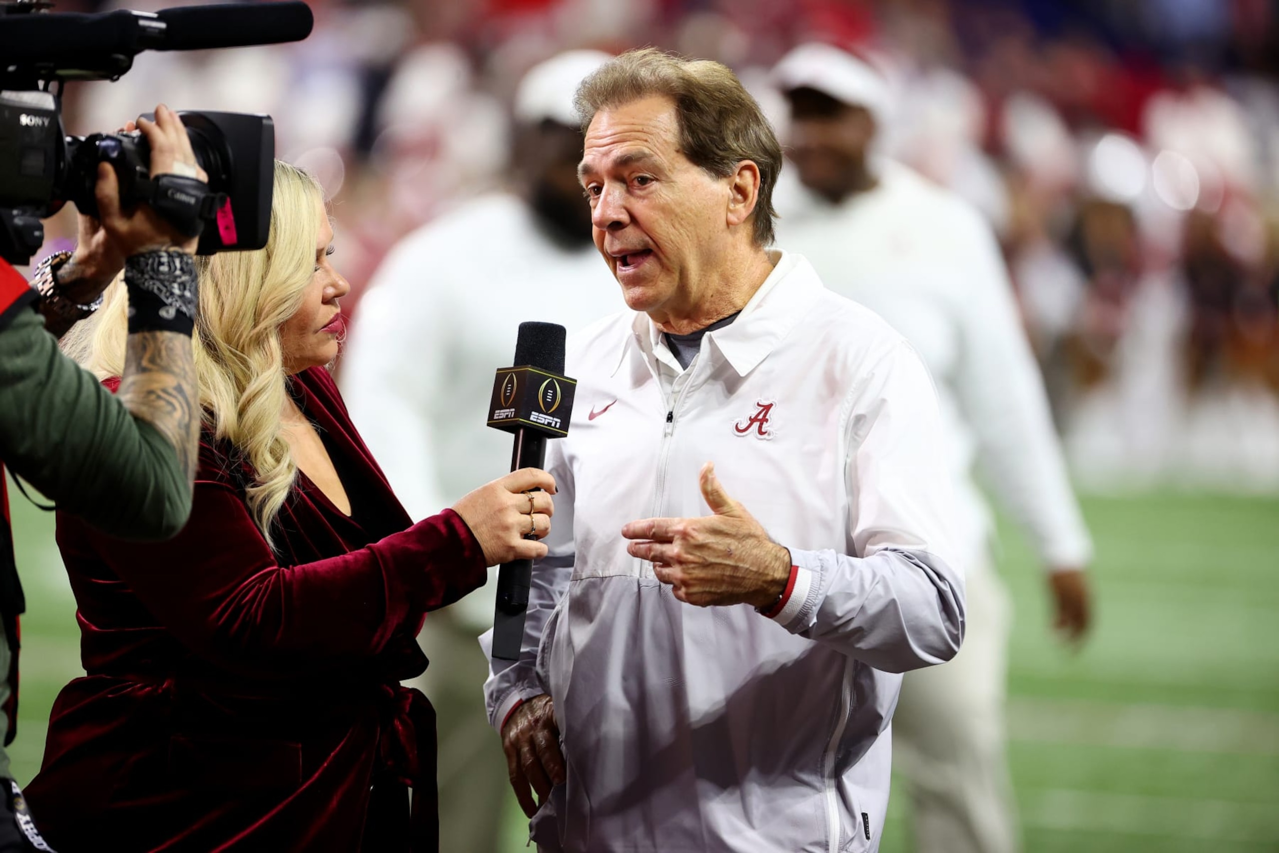INDIANAPOLIS, IN - JANUARY 10: Head Coach Nick Saban of the Alabama Crimson Tide speaks with Holly Rowe of ESPN during the College Football Playoff Championship held at Lucas Oil Stadium on January 10, 2022 in Indianapolis, Indiana. (Photo by Jamie Schwaberow/Getty Images)