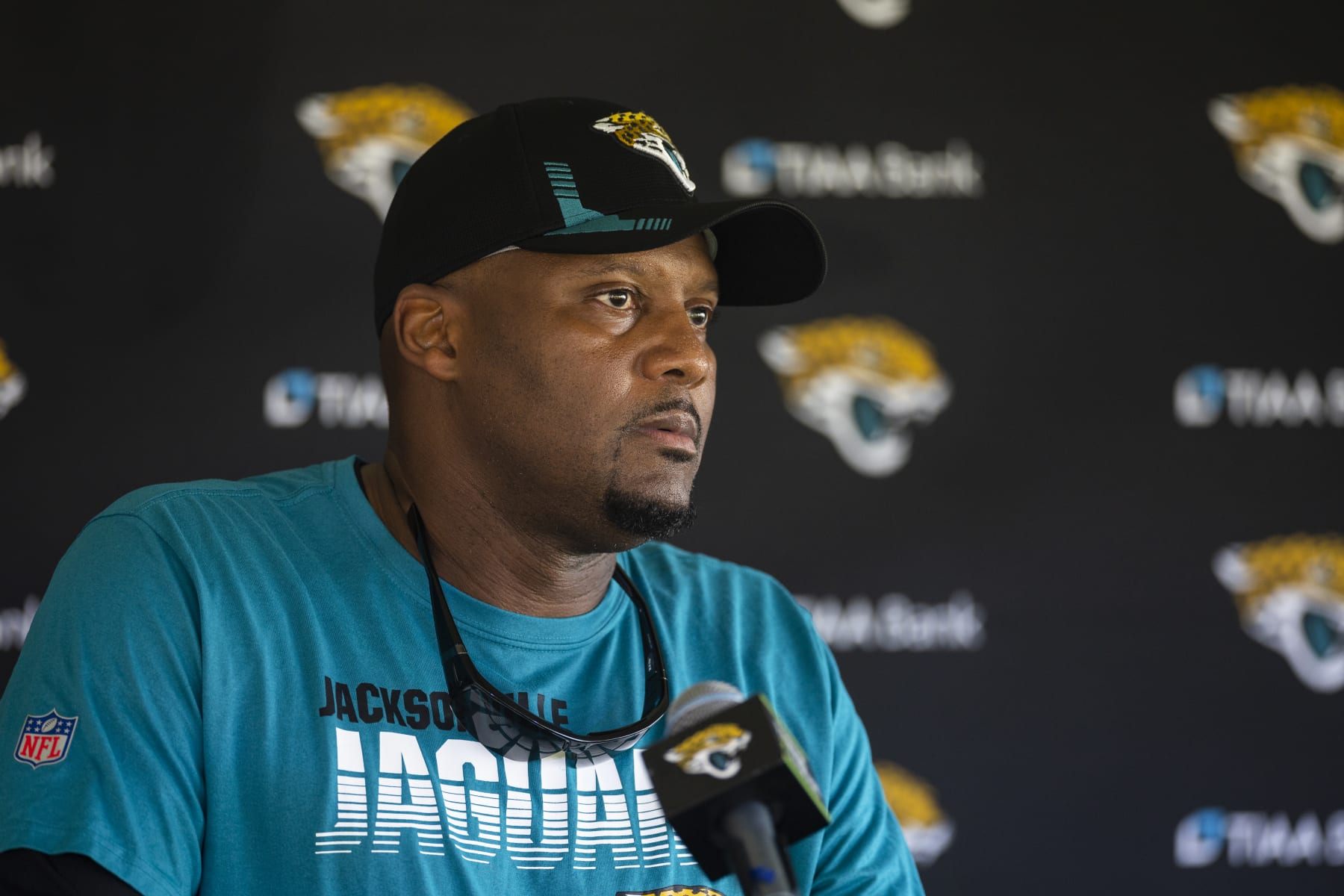 JACKSONVILLE, FLORIDA - JULY 26: Mike Caldwell, Defensive coordinator of the Jacksonville Jaguars speaks to the Media during Training camp on July 26, 2022 at Episcopal High School in Jacksonville, Florida. (Photo by James Gilbert/Getty Images)