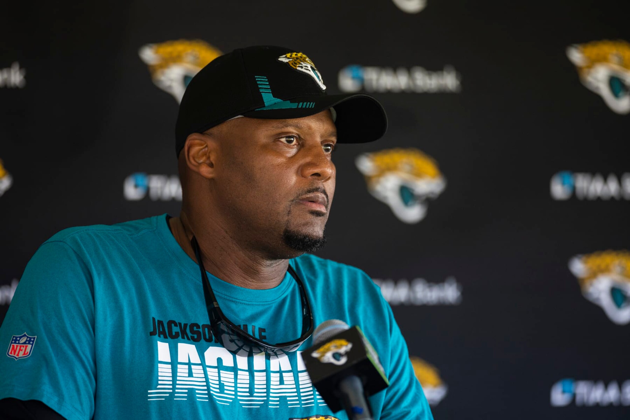 JACKSONVILLE, FLORIDA - JULY 26: Mike Caldwell, Defensive coordinator of the Jacksonville Jaguars speaks to the Media during Training camp on July 26, 2022 at Episcopal High School in Jacksonville, Florida. (Photo by James Gilbert/Getty Images)