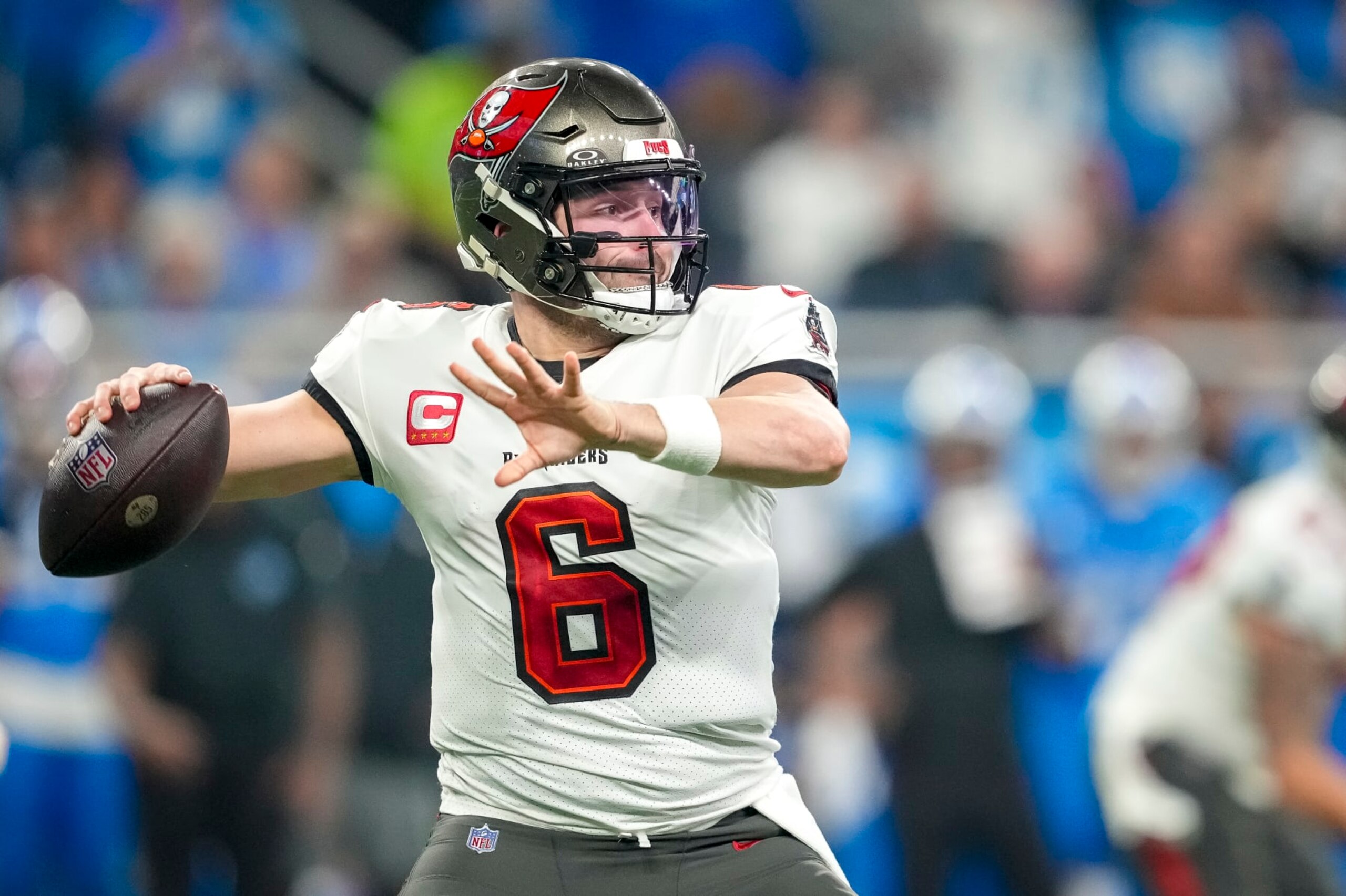 DETROIT, MICHIGAN - JANUARY 21: Baker Mayfield #6 of the Tampa Bay Buccaneers passes the ball against the Detroit Lions at Ford Field on January 21, 2024 in Detroit, Michigan. (Photo by Nic Antaya/Getty Images) DETROIT, MICHIGAN - JANUARY 21: Baker Mayfield #6 of the Tampa Bay Buccaneers passes the ball against the Detroit Lions at Ford Field on January 21, 2024 in Detroit, Michigan. (Photo by Nic Antaya/Getty Images)