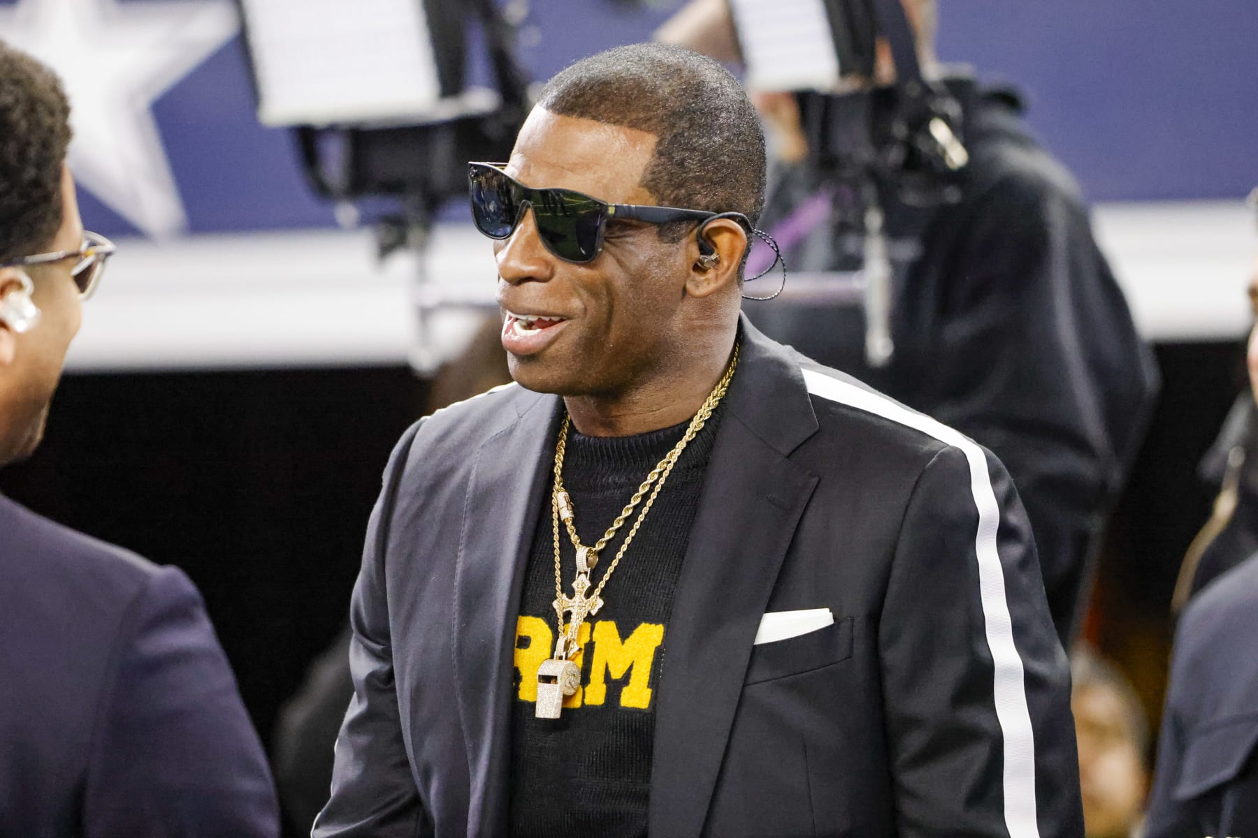 ARLINGTON, TX - NOVEMBER 30: Colorado Buffaloes head coach Deion Sanders visits the Thursday Night Football set before the game between the Dallas Cowboys and the Seattle Seahawks on November 30, 2023 at AT&T Stadium in Arlington, Texas. (Photo by Matthew Pearce/Icon Sportswire via Getty Images)