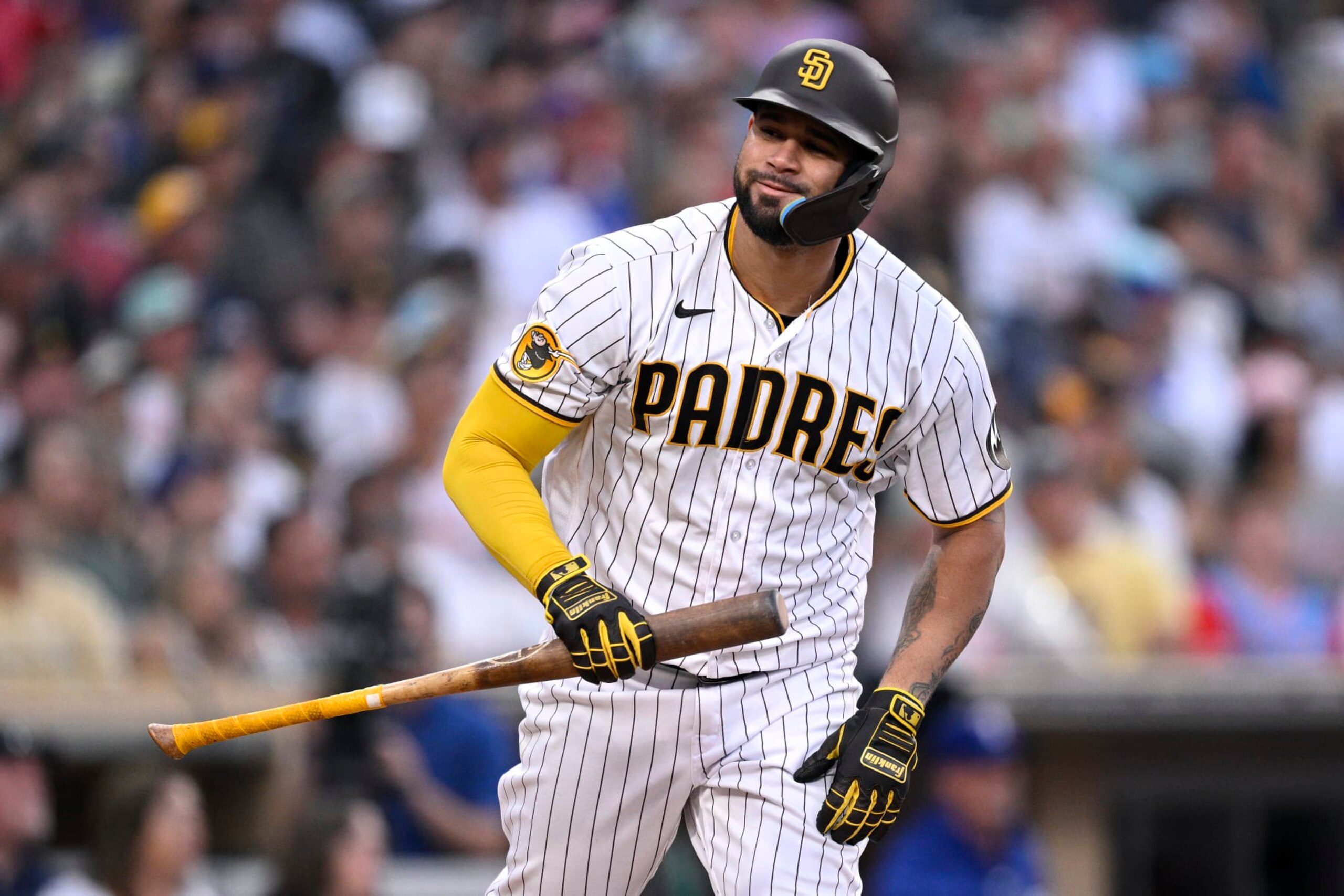 SAN DIEGO, CALIFORNIA - JULY 29: Gary Sanchez #99 of the San Diego Padres looks on against the Texas Rangers at PETCO Park on July 29, 2023 in San Diego, California. (Photo by Orlando Ramirez/Getty Images)