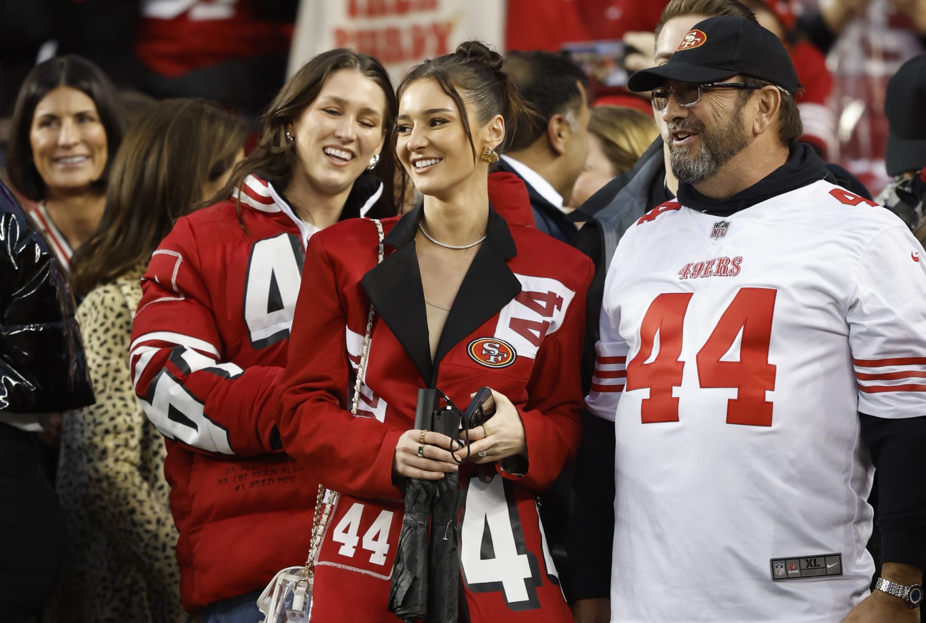 SANTA CLARA, CALIFORNIA - JANUARY 20: Kristin Juszczyk, wife of Kyle Juszczyk #44 of the San Francisco 49ers looks on before the NFC Divisional Playoffs between the Green Bay Packers and the San Francisco 49ers at Levi's Stadium on January 20, 2024 in Santa Clara, California. (Photo by Lachlan Cunningham/Getty Images)