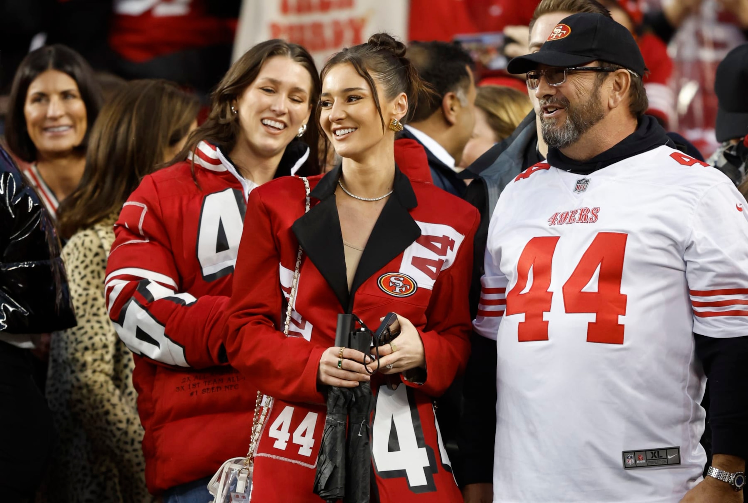 SANTA CLARA, CALIFORNIA - JANUARY 20: Kristin Juszczyk, wife of Kyle Juszczyk #44 of the San Francisco 49ers looks on before the NFC Divisional Playoffs between the Green Bay Packers and the San Francisco 49ers at Levi's Stadium on January 20, 2024 in Santa Clara, California. (Photo by Lachlan Cunningham/Getty Images)