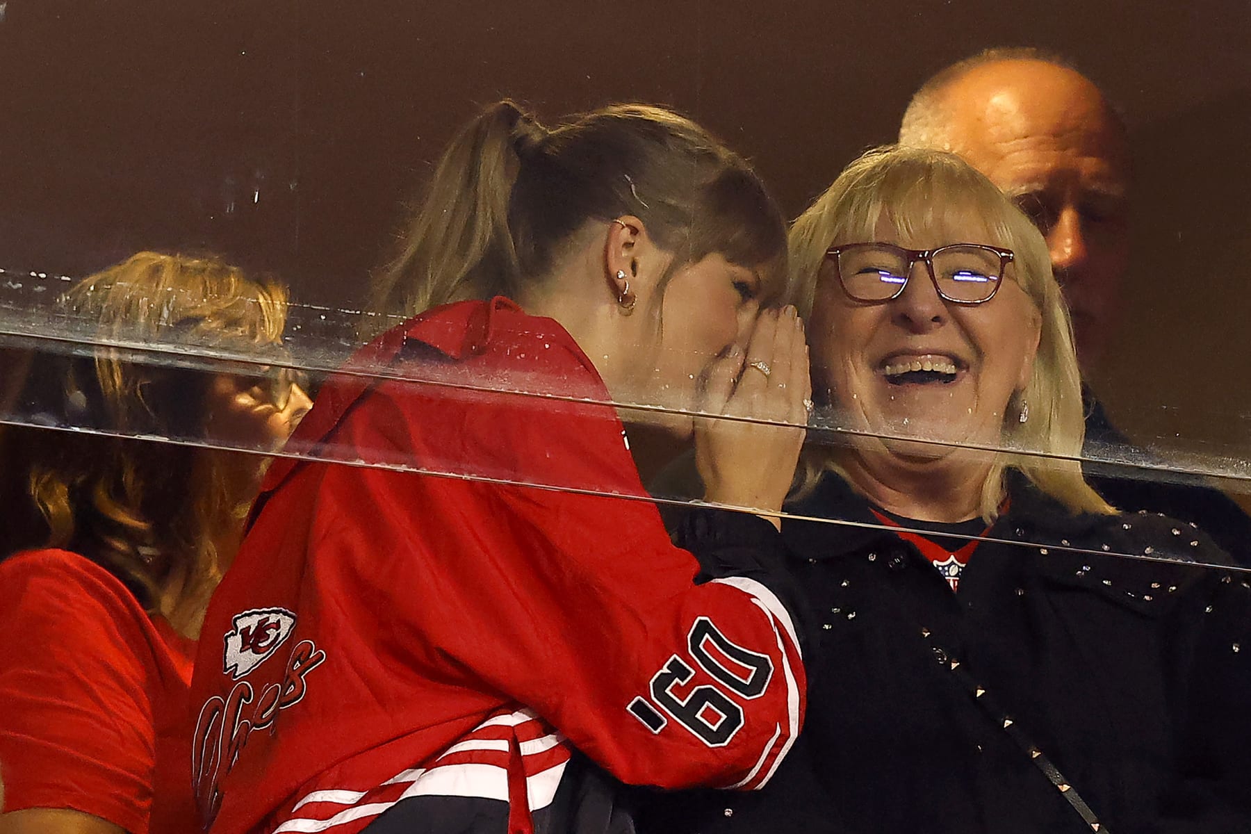 KANSAS CITY, MISSOURI - OCTOBER 12: Taylor Swift and Donna Kelce look on before the game between the Kansas City Chiefs and the Denver Broncos at GEHA Field at Arrowhead Stadium on October 12, 2023 in Kansas City, Missouri. (Photo by David Eulitt/Getty Images)