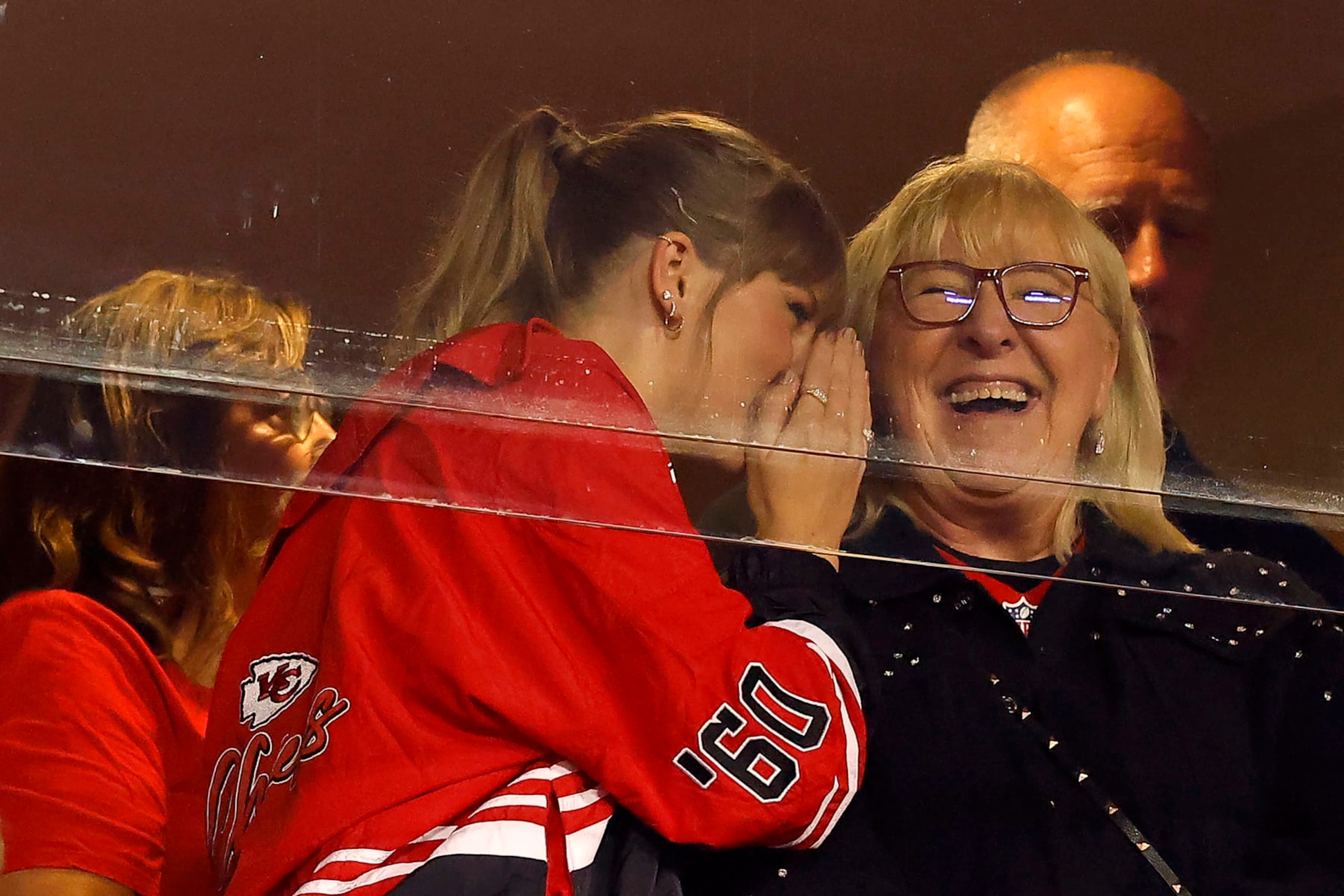 KANSAS CITY, MISSOURI - OCTOBER 12: Taylor Swift and Donna Kelce look on before the game between the Kansas City Chiefs and the Denver Broncos at GEHA Field at Arrowhead Stadium on October 12, 2023 in Kansas City, Missouri. (Photo by David Eulitt/Getty Images)