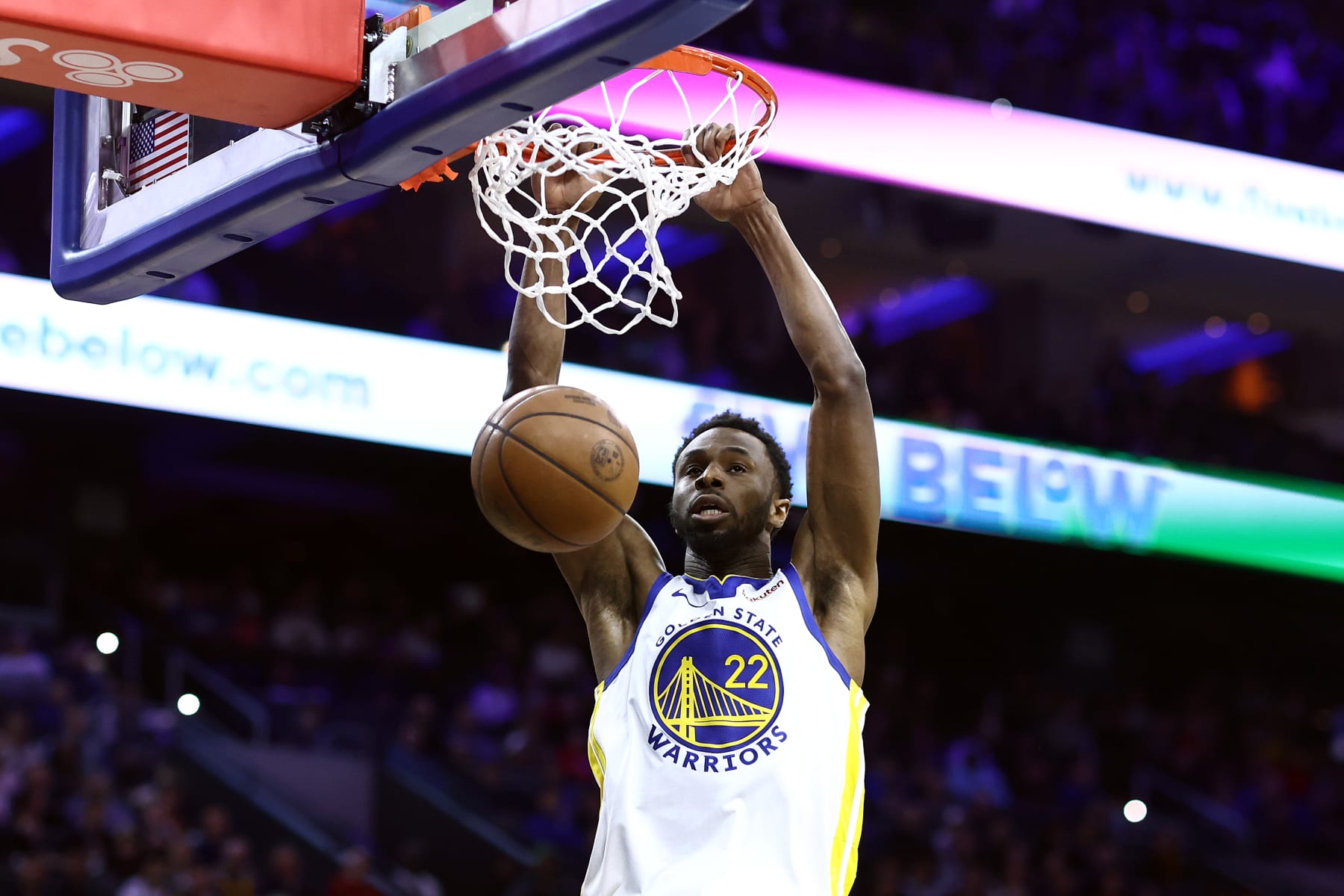 PHILADELPHIA, PENNSYLVANIA - FEBRUARY 07: Andrew Wiggins #22 of the Golden State Warriors dunks during the second quarter against the Philadelphia 76ers at the Wells Fargo Center on February 07, 2024 in Philadelphia, Pennsylvania. NOTE TO USER: User expressly acknowledges and agrees that, by downloading and or using this photograph, User is consenting to the terms and conditions of the Getty Images License Agreement. (Photo by Tim Nwachukwu/Getty Images)