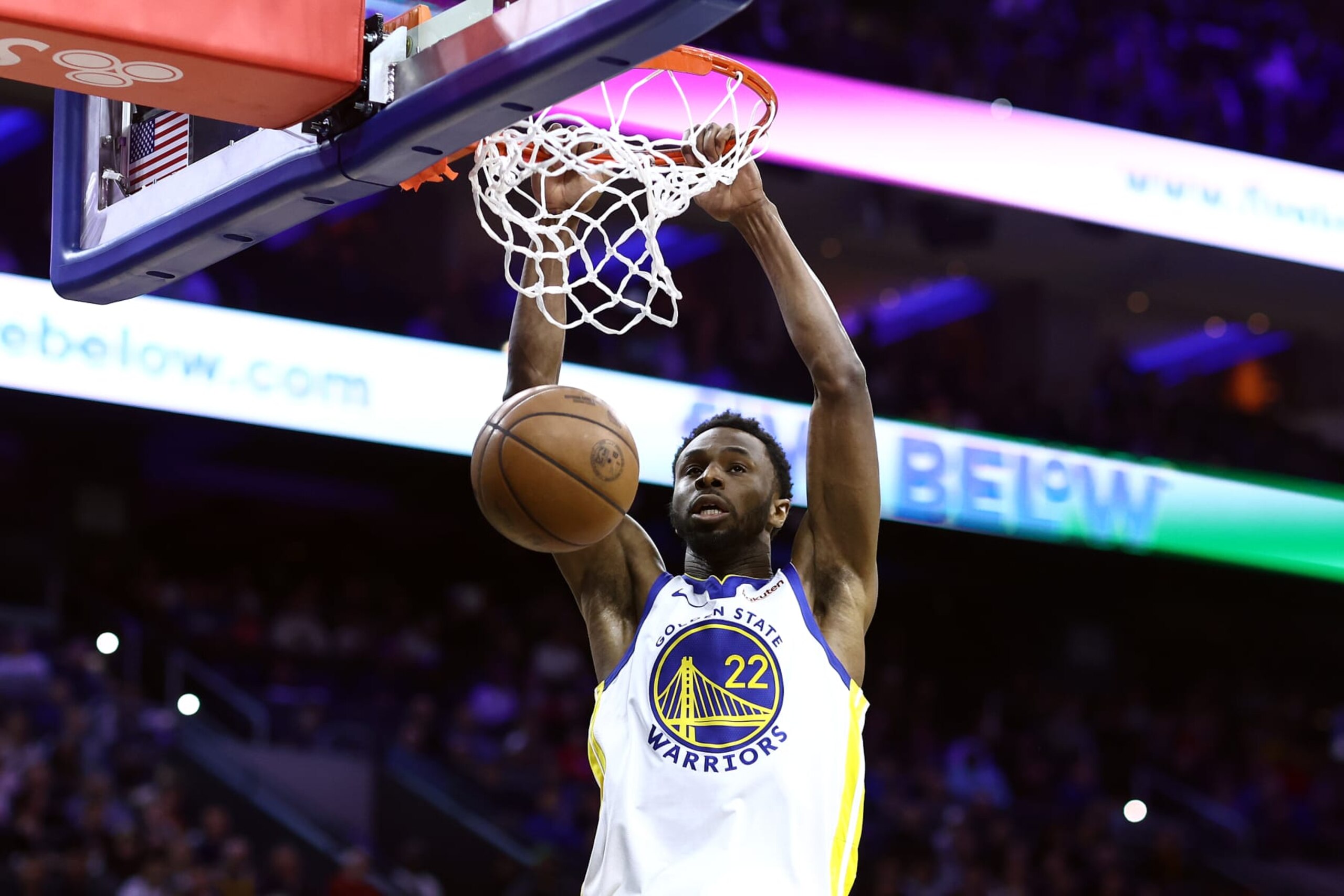 PHILADELPHIA, PENNSYLVANIA - FEBRUARY 07: Andrew Wiggins #22 of the Golden State Warriors dunks during the second quarter against the Philadelphia 76ers at the Wells Fargo Center on February 07, 2024 in Philadelphia, Pennsylvania. NOTE TO USER: User expressly acknowledges and agrees that, by downloading and or using this photograph, User is consenting to the terms and conditions of the Getty Images License Agreement. (Photo by Tim Nwachukwu/Getty Images)