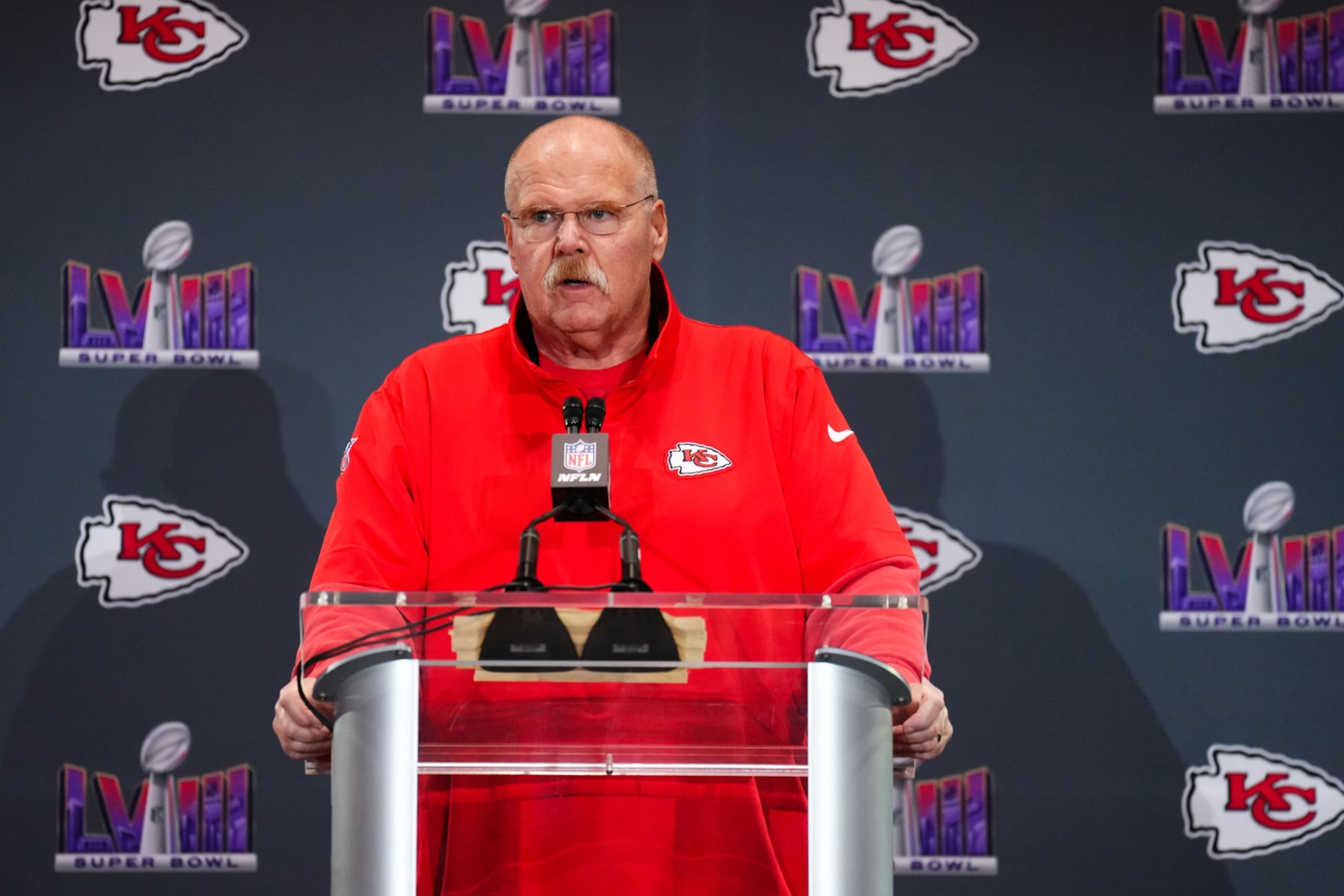 HENDERSON, NEVADA - FEBRUARY 06: Head coach Andy Reid of the Kansas City Chiefs speaks to the media during Kansas City Chiefs media availability ahead of Super Bowl LVIII at Westin Lake Las Vegas Resort and Spa on February 06, 2024 in Henderson, Nevada. (Photo by Chris Unger/Getty Images)