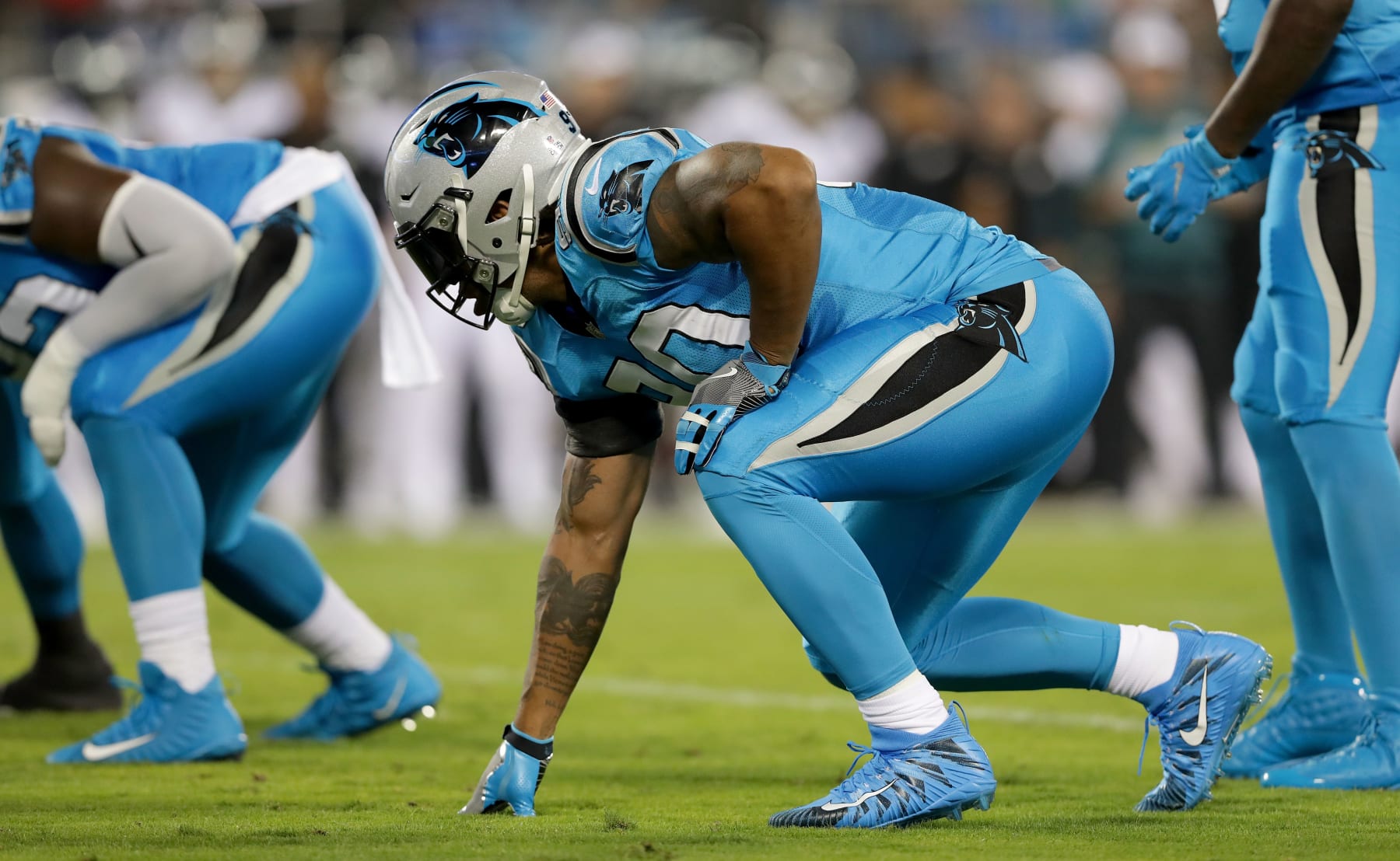 CHARLOTTE, NC - OCTOBER 12:  Julius Peppers #90 of the Carolina Panthers prepares to rush against the Philadelphia Eagles in the first quarter during their game at Bank of America Stadium on October 12, 2017 in Charlotte, North Carolina.  (Photo by Streeter Lecka/Getty Images)