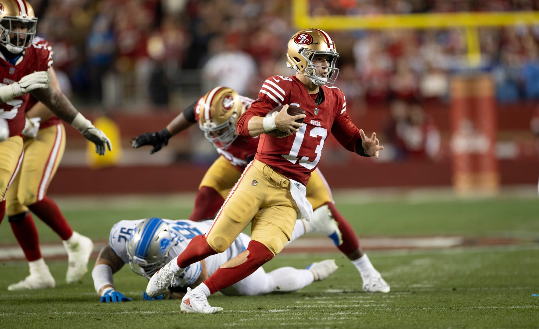 SANTA CLARA, CA - JANUARY 28: Brock Purdy #13 of the San Francisco 49ers rushes during the NFC Championship game against the Detroit Lions at Levi's Stadium on January 28, 2024 in Santa Clara, California. The 49ers defeated the Lions 34-31. (Photo by Michael Zagaris/San Francisco 49ers/Getty Images)