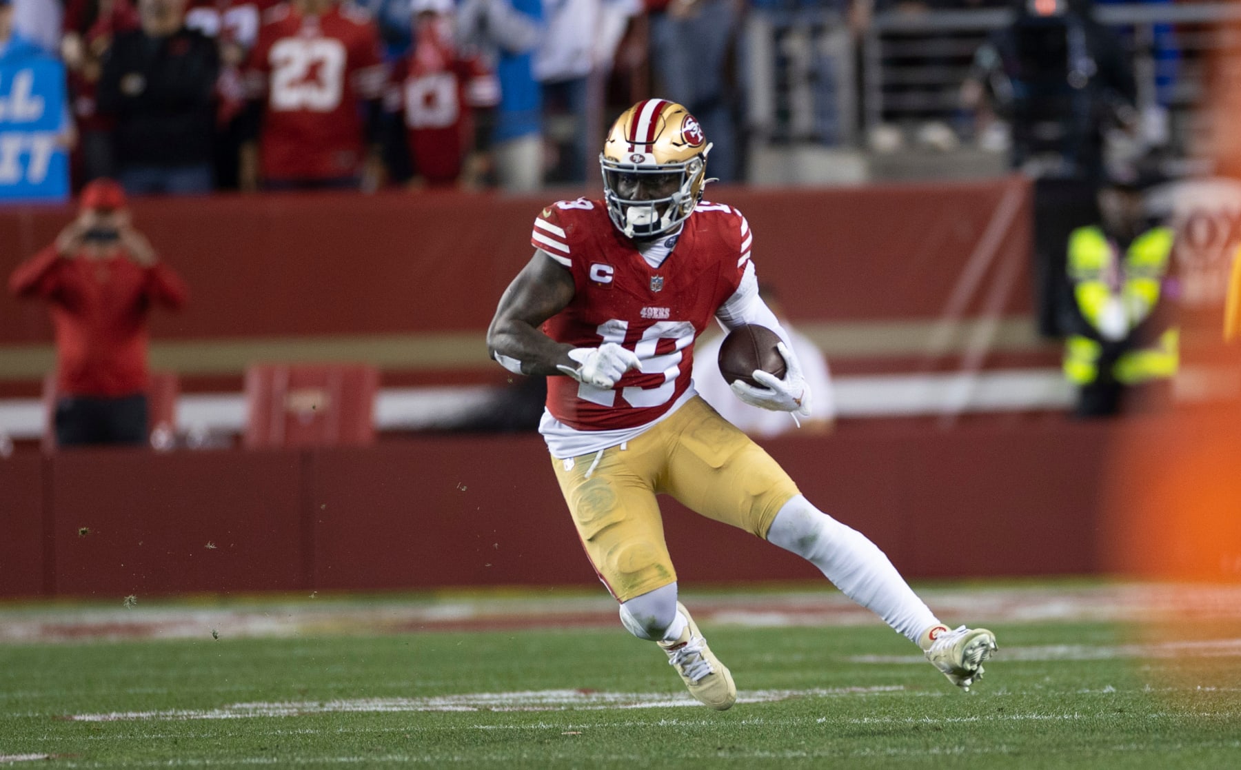 SANTA CLARA, CA - JANUARY 28: Deebo Samuel #19 of the San Francisco 49ers runs after making a catch during the NFC Championship game against the Detroit Lions at Levi's Stadium on January 28, 2024 in Santa Clara, California. The 49ers defeated the Lions 34-31. (Photo by Michael Zagaris/San Francisco 49ers/Getty Images)