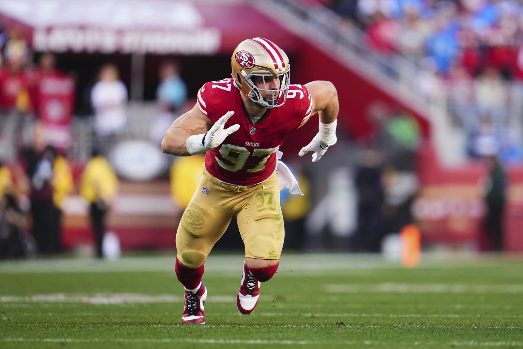 SANTA CLARA, CA - JANUARY 28: Nick Bosa #97 of the San Francisco 49ers defends against the Detroit Lions during the first half of the NFC Championship football game at Levi's Stadium on January 28, 2024 in Santa Clara, California. (Photo by Cooper Neill/Getty Images)