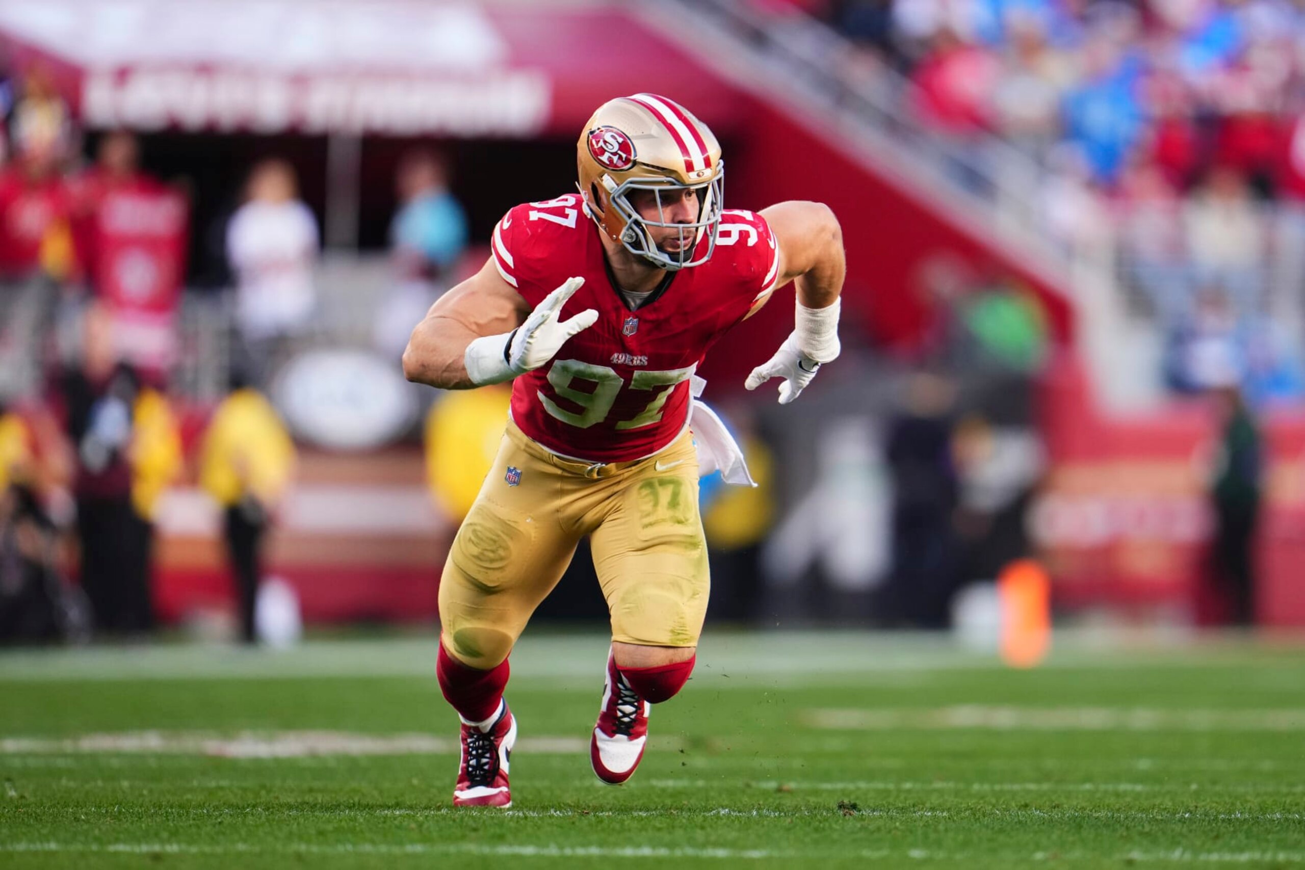 SANTA CLARA, CA - JANUARY 28: Nick Bosa #97 of the San Francisco 49ers defends against the Detroit Lions during the first half of the NFC Championship football game at Levi's Stadium on January 28, 2024 in Santa Clara, California. (Photo by Cooper Neill/Getty Images)