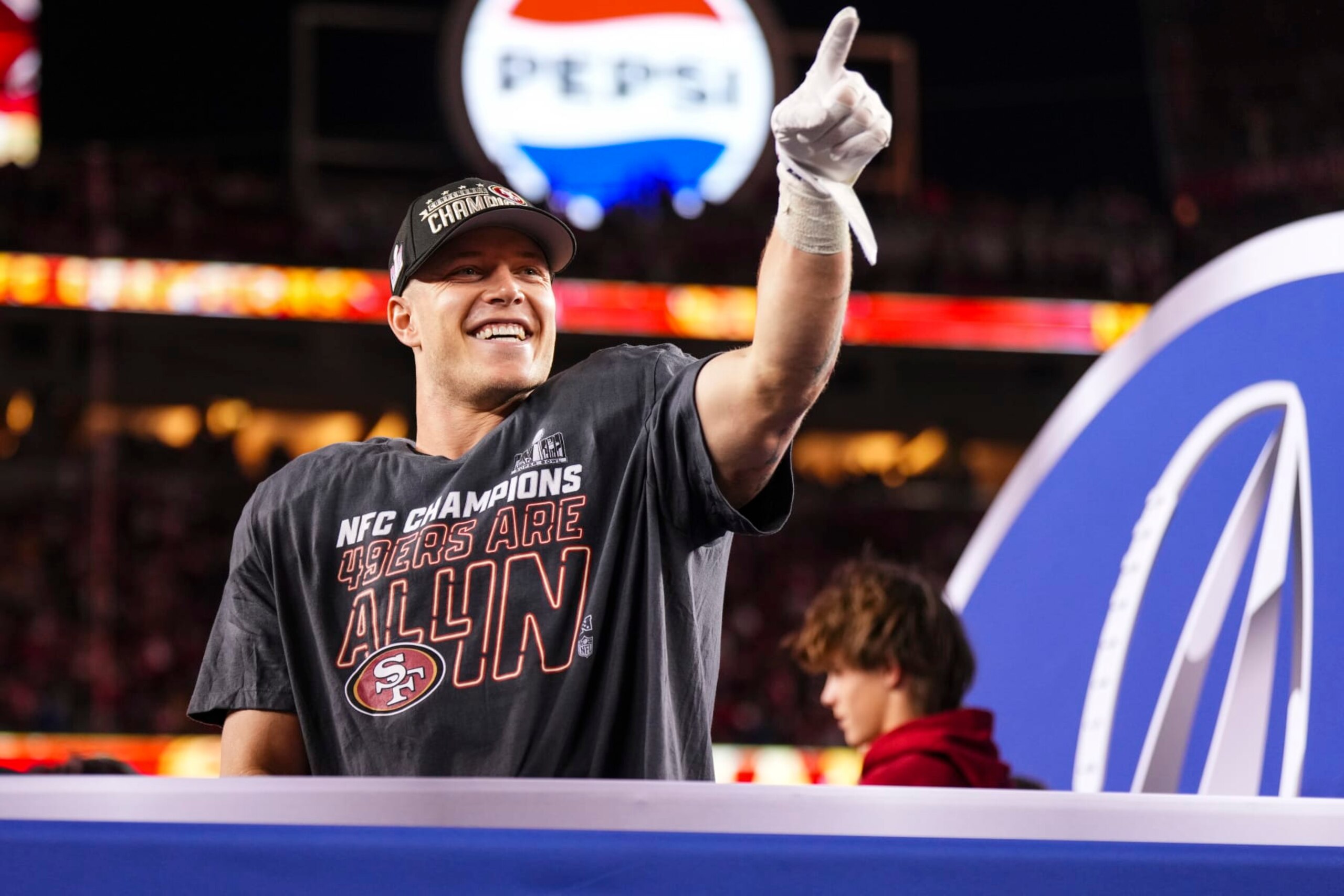 SANTA CLARA, CA - JANUARY 28: Christian McCaffrey #23 of the San Francisco 49ers celebrates after the NFC Championship NFL football game against the Detroit Lions at Levi's Stadium on January 28, 2024 in Santa Clara, California. (Photo by Cooper Neill/Getty Images)