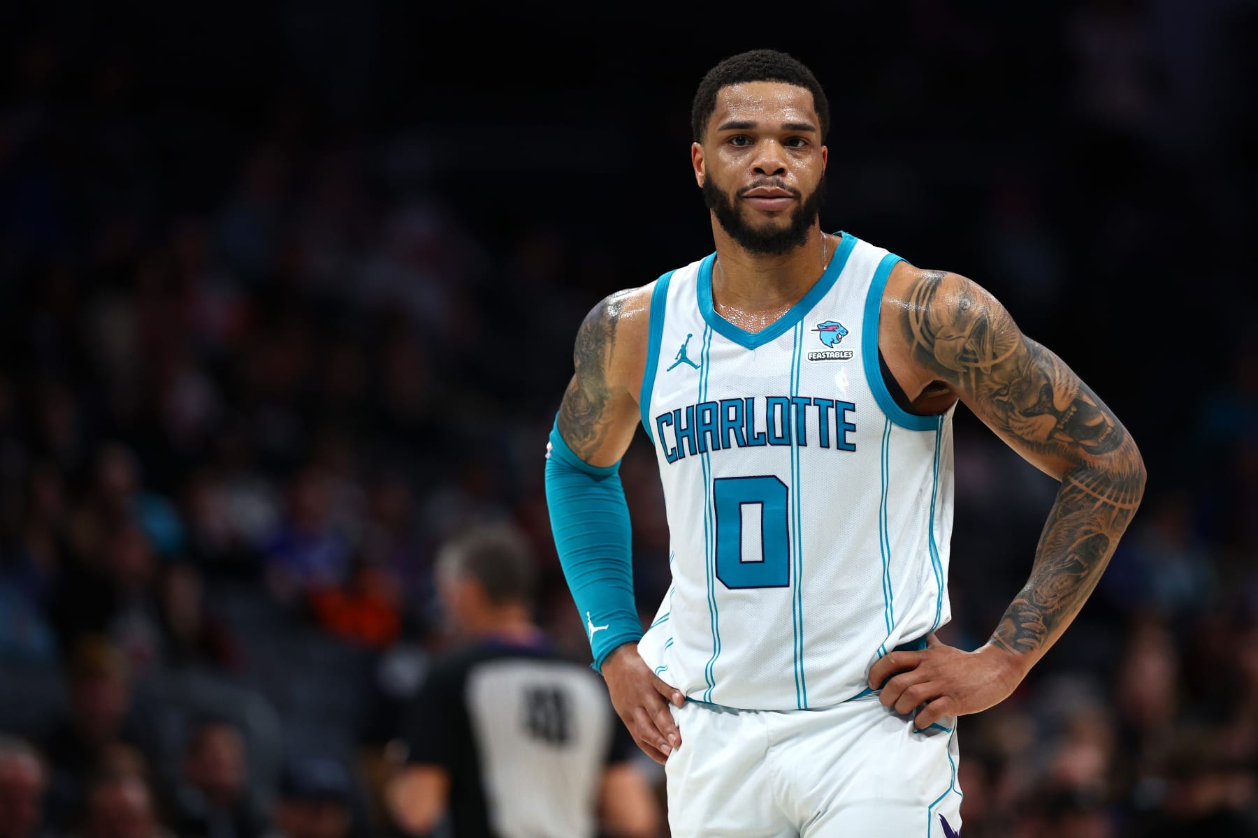 CHARLOTTE, NORTH CAROLINA - FEBRUARY 07: Miles Bridges #0 of the Charlotte Hornets looks on during the second half of the game against the Toronto Raptors at Spectrum Center on February 07, 2024 in Charlotte, North Carolina. NOTE TO USER: User expressly acknowledges and agrees that, by downloading and or using this photograph, User is consenting to the terms and conditions of the Getty Images License Agreement. (Photo by Jared C. Tilton/Getty Images)