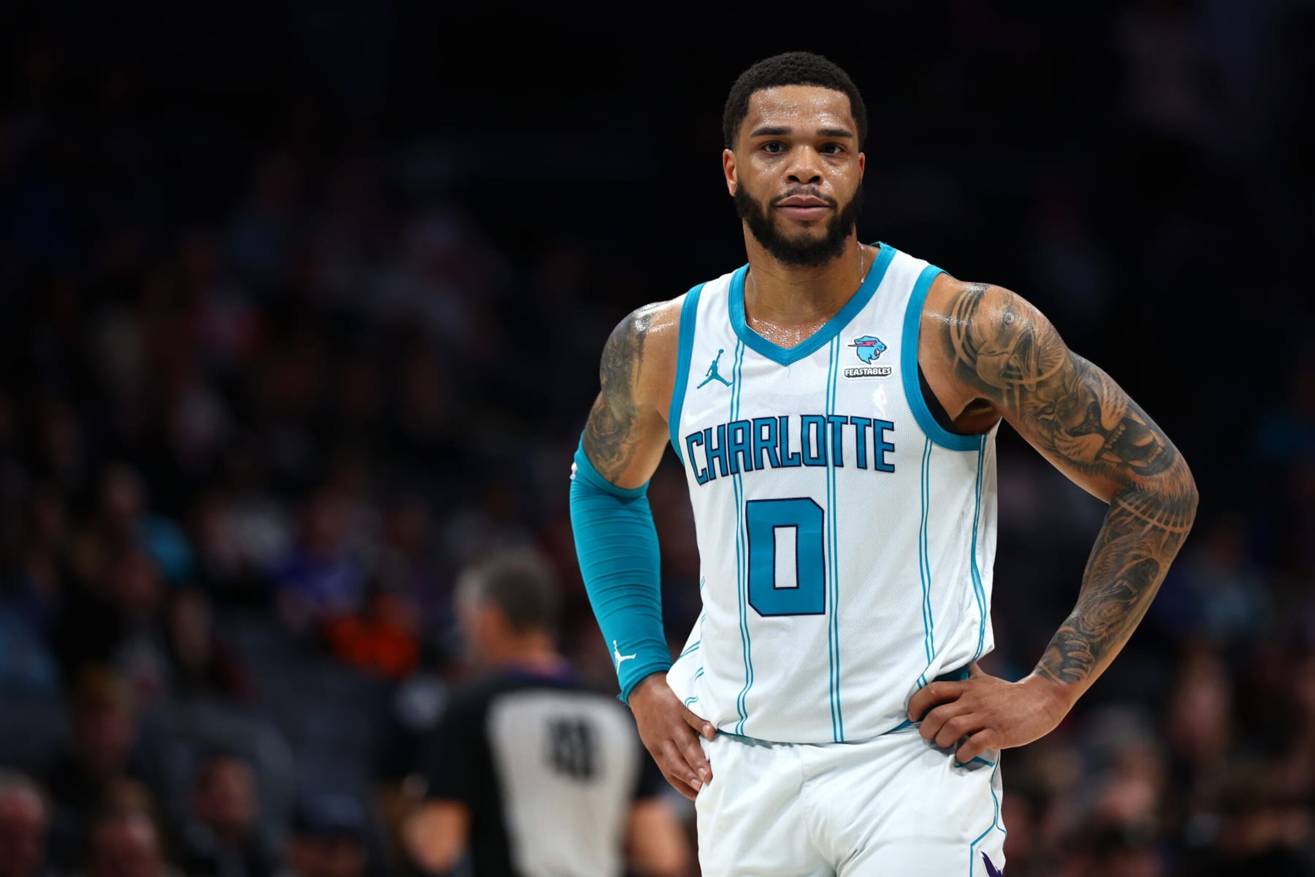 CHARLOTTE, NORTH CAROLINA - FEBRUARY 07: Miles Bridges #0 of the Charlotte Hornets looks on during the second half of the game against the Toronto Raptors at Spectrum Center on February 07, 2024 in Charlotte, North Carolina. NOTE TO USER: User expressly acknowledges and agrees that, by downloading and or using this photograph, User is consenting to the terms and conditions of the Getty Images License Agreement. (Photo by Jared C. Tilton/Getty Images)