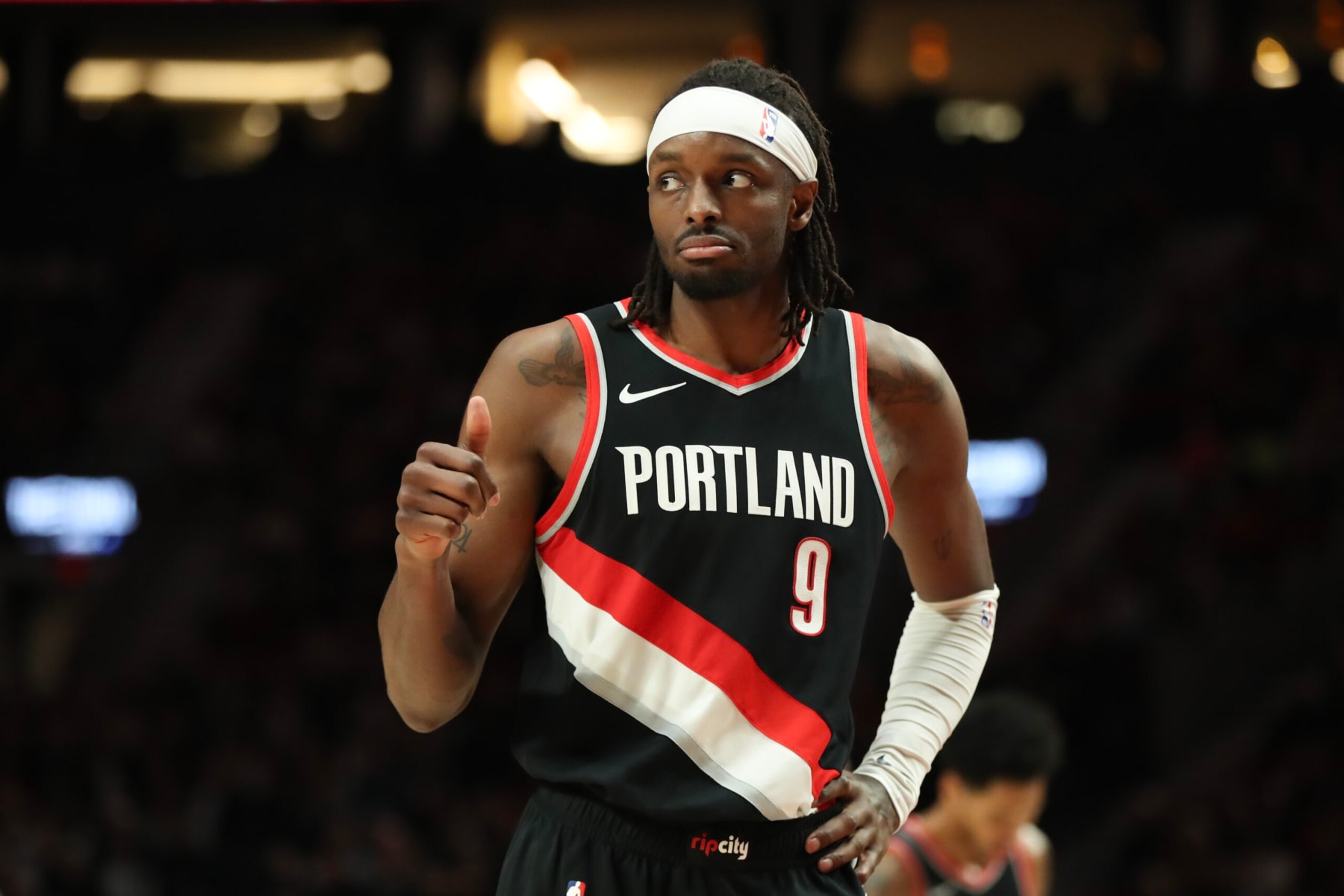 PORTLAND, OREGON - JANUARY 28: Jerami Grant #9 of the Portland Trail Blazers looks on in the fourth quarter against the Chicago Bulls at Moda Center on January 28, 2024 in Portland, Oregon. NOTE TO USER: User expressly acknowledges and agrees that, by downloading and or using this photograph, User is consenting to the terms and conditions of the Getty Images License Agreement.  (Photo by Amanda Loman/Getty Images)