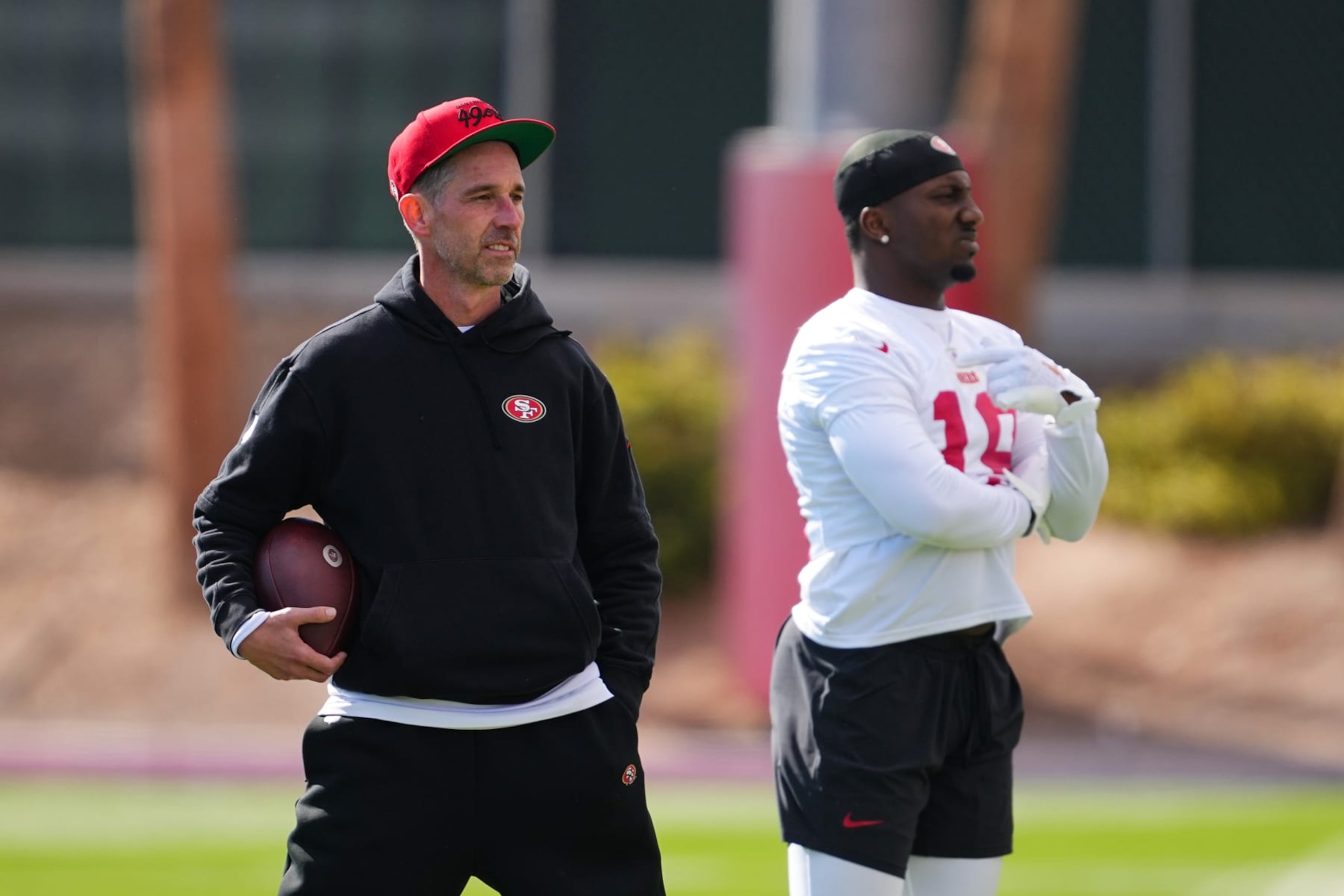 LAS VEGAS, NEVADA - FEBRUARY 07:  Head coach Kyle Shanahan looks on during San Francisco 49ers practice ahead of Super Bowl LVIII at Fertitta Football Complex on February 07, 2024 in Las Vegas, Nevada. (Photo by Chris Unger/Getty Images)