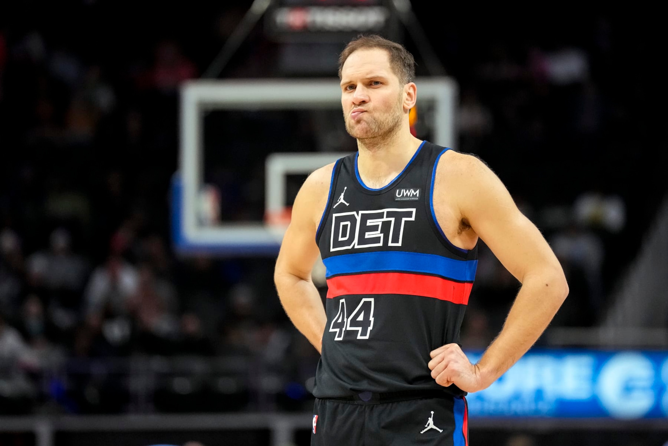 DETROIT, MICHIGAN - JANUARY 17: Bojan Bogdanovic #44 of the Detroit Pistons looks on against the Minnesota Timberwolves at Little Caesars Arena on January 17, 2024 in Detroit, Michigan. NOTE TO USER: User expressly acknowledges and agrees that, by downloading and or using this photograph, User is consenting to the terms and conditions of the Getty Images License Agreement. (Photo by Nic Antaya/Getty Images)