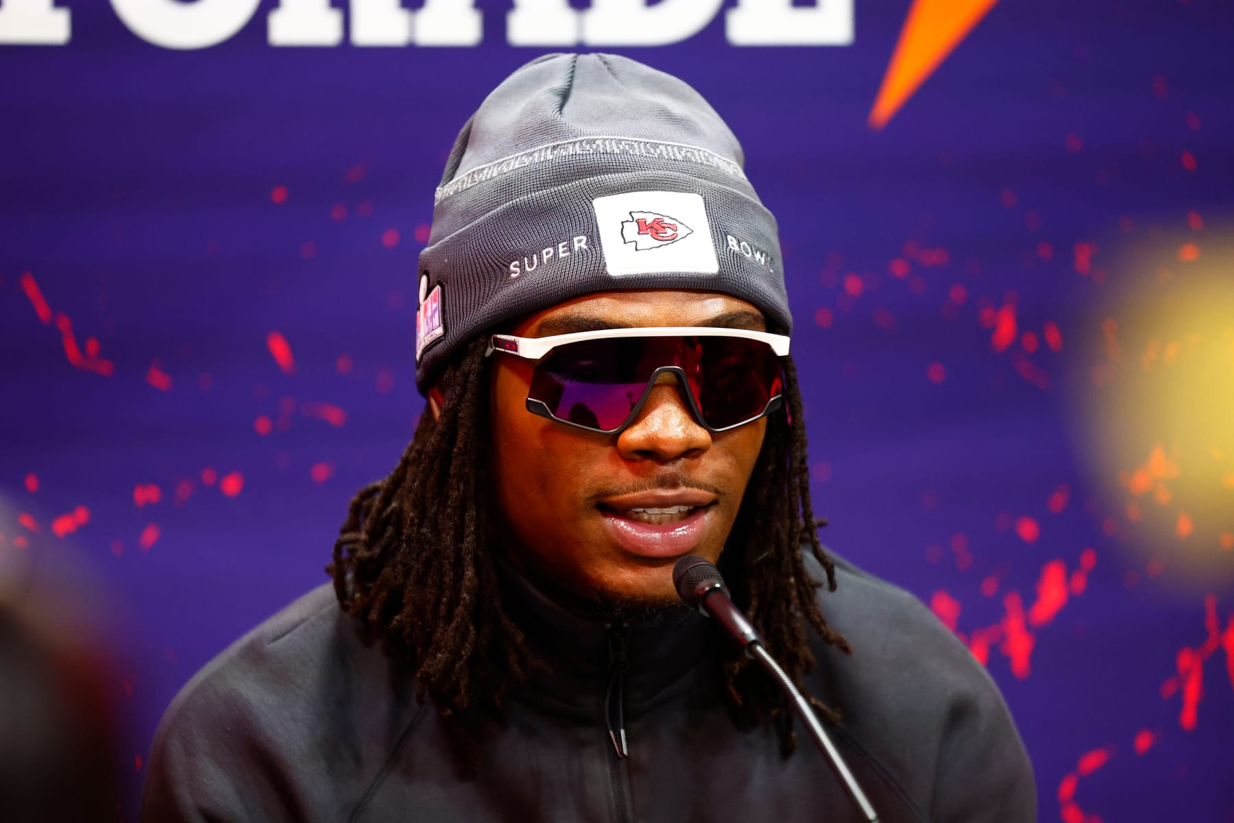 LAS VEGAS, NV - FEBRUARY 05: Wide receiver Rashee Rice #4 of the Kansas City Chiefs is interviewed during the Super Bowl LVIII Opening Night presented by Gatorade featuring the AFC Champion Kansas City Chiefs and the NFC Champion San Francisco 49ers on February 5, 2024 at Allegiant Stadium in Las Vegas, Nevada. (Photo by Jeff Speer/Icon Sportswire via Getty Images)