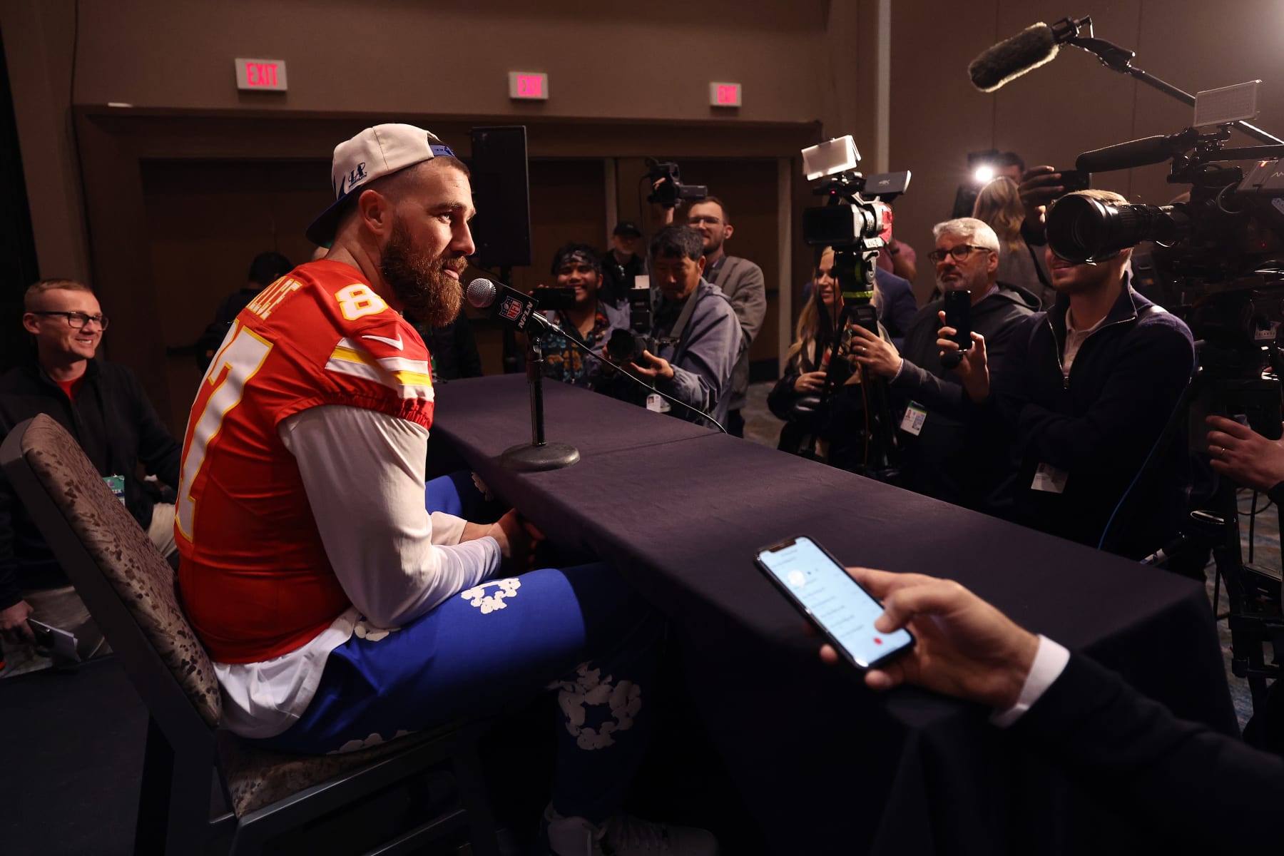 HENDERSON, NEVADA - FEBRUARY 07: Travis Kelce of the Kansas City Chiefs speaks to the media during Kansas City Chiefs media availability ahead of Super Bowl LVIII at Westin Lake Las Vegas Resort and Spa on February 07, 2024 in Henderson, Nevada. (Photo by Jamie Squire/Getty Images)