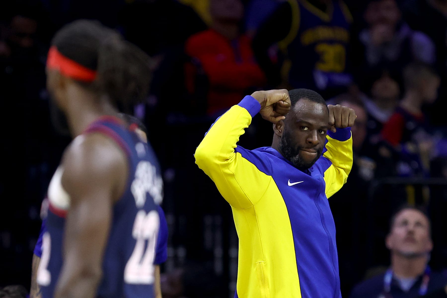 PHILADELPHIA, PENNSYLVANIA - FEBRUARY 07: Draymond Green #23 of the Golden State Warriors reacts during the fourth quarter against the Philadelphia 76ers at the Wells Fargo Center on February 07, 2024 in Philadelphia, Pennsylvania. NOTE TO USER: User expressly acknowledges and agrees that, by downloading and or using this photograph, User is consenting to the terms and conditions of the Getty Images License Agreement. (Photo by Tim Nwachukwu/Getty Images)