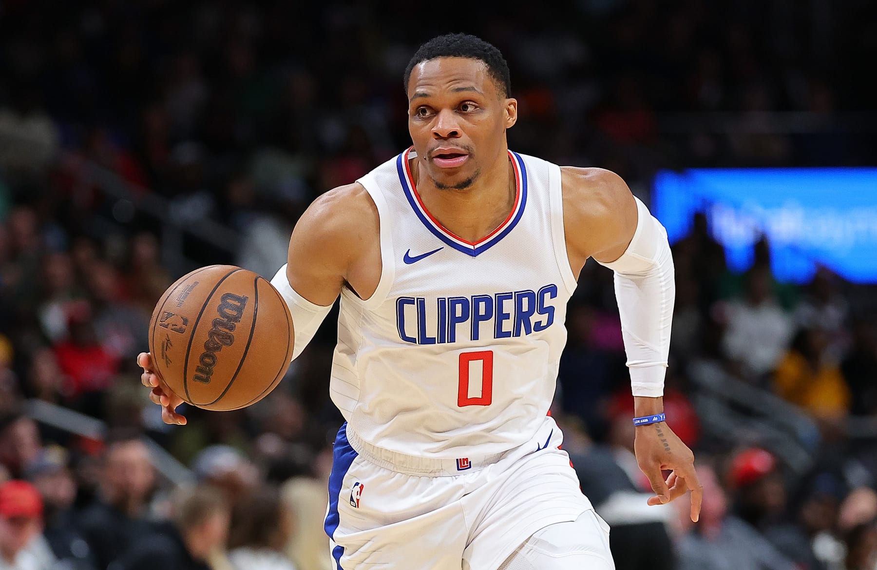 ATLANTA, GEORGIA - FEBRUARY 05:  Russell Westbrook #0 of the LA Clippers runs the point against the Atlanta Hawks during the third quarter at State Farm Arena on February 05, 2024 in Atlanta, Georgia.  NOTE TO USER: User expressly acknowledges and agrees that, by downloading and/or using this photograph, user is consenting to the terms and conditions of the Getty Images License Agreement.  (Photo by Kevin C. Cox/Getty Images)