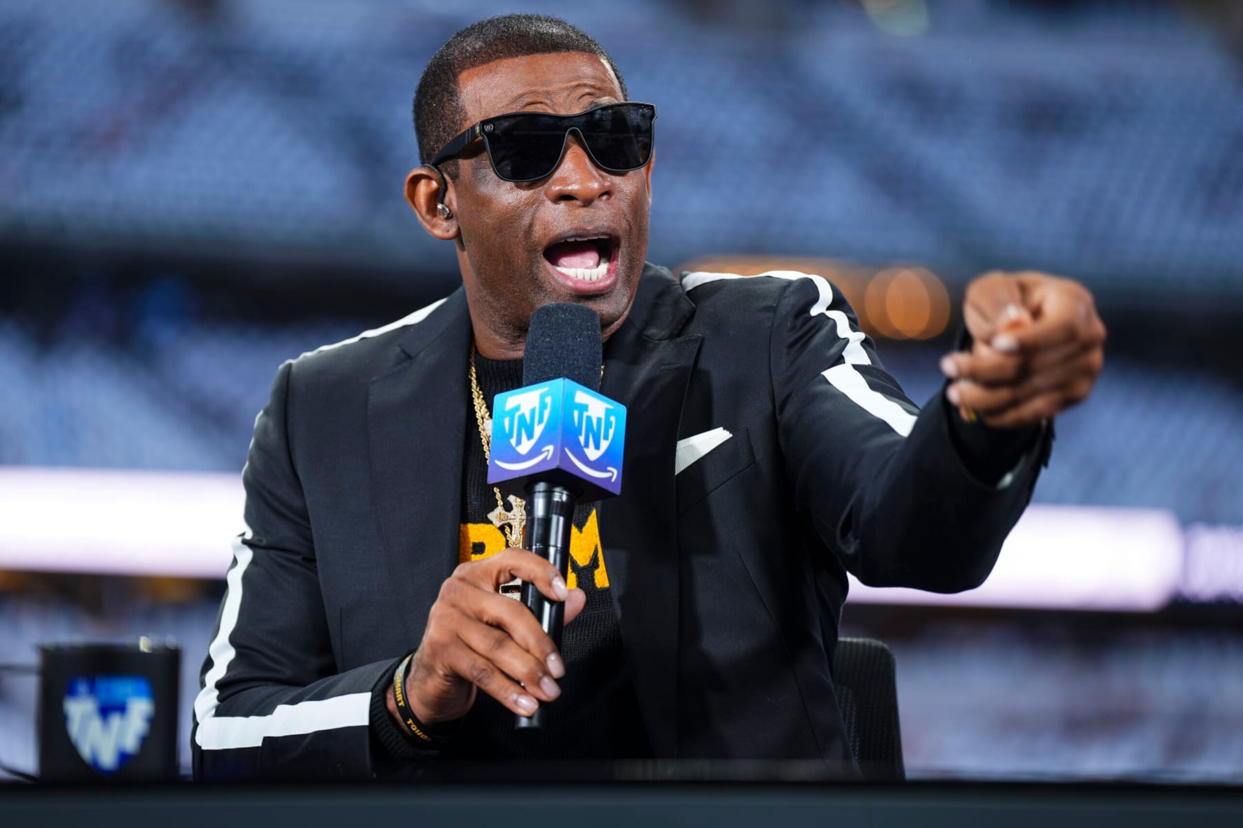 ARLINGTON, TX - NOVEMBER 30: Deion Sanders visits on set of the Amazon Prime TNF pregame show prior to an NFL football game between the Seattle Seahawks and the Dallas Cowboys at AT&T Stadium on November 30, 2023 in Arlington, Texas. (Photo by Cooper Neill/Getty Images)