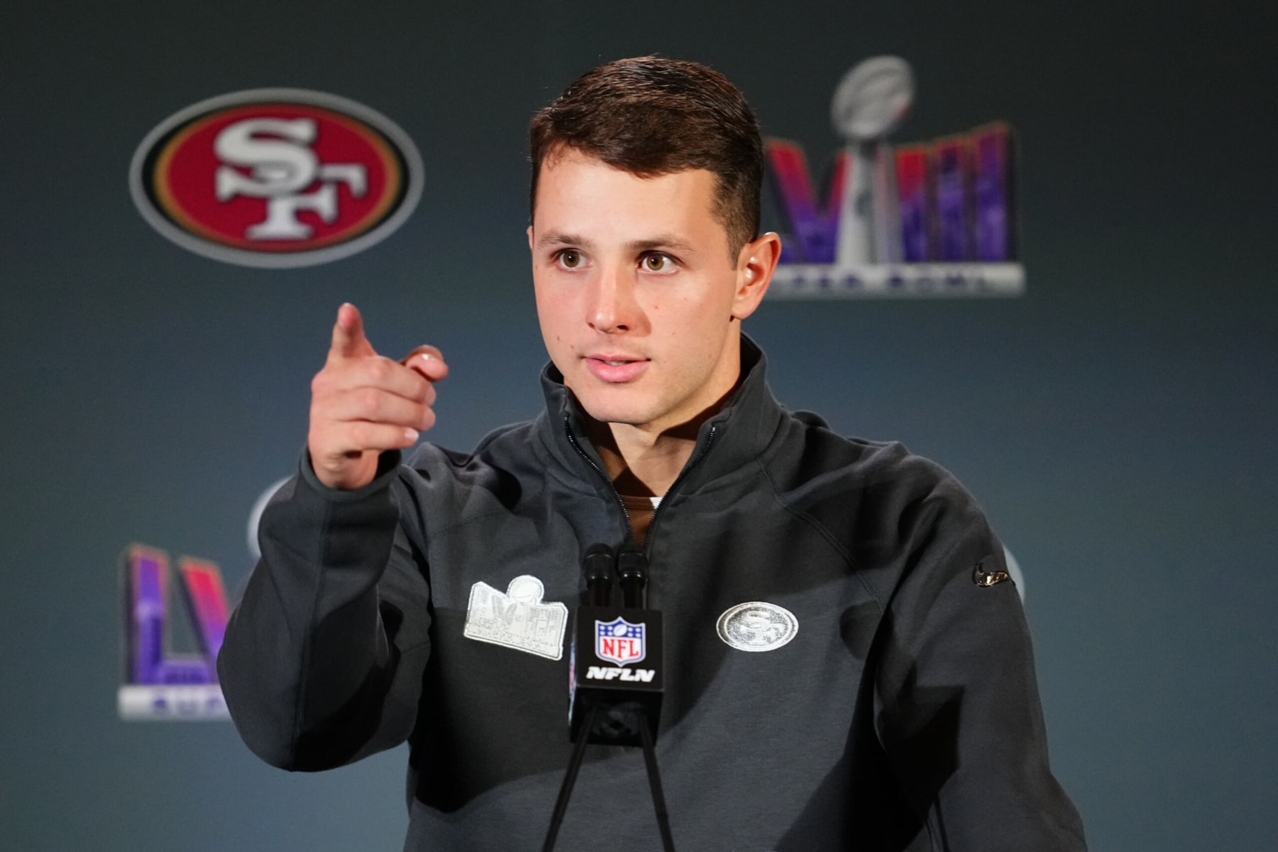 HENDERSON, NEVADA - FEBRUARY 07: Brock Purdy #13 speaks to the media during San Francisco 49ers media availability ahead of Super Bowl LVIII at Hilton Lake Las Vegas Resort and Spa on February 07, 2024 in Henderson, Nevada. (Photo by Chris Unger/Getty Images)