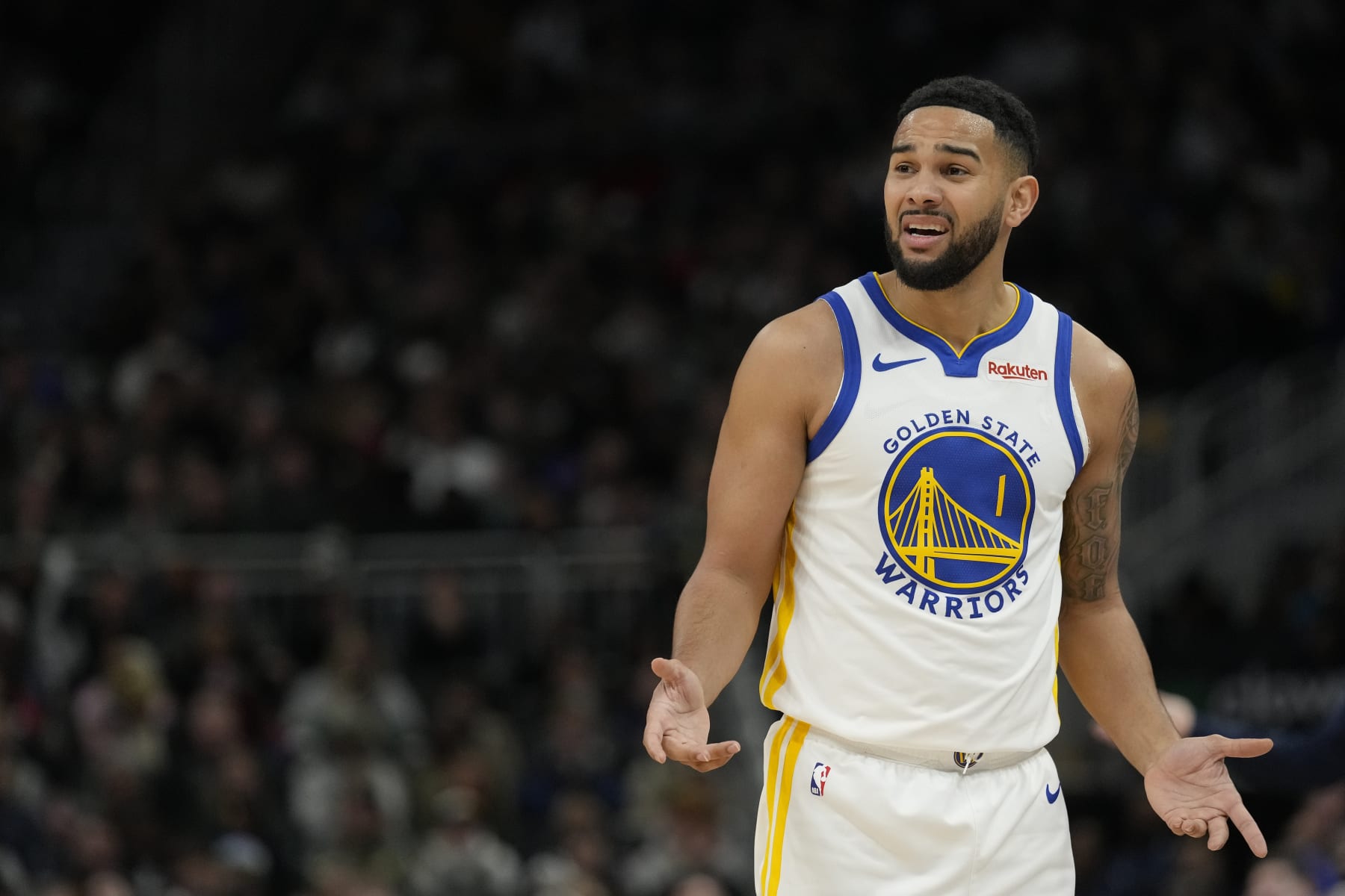 MILWAUKEE, WISCONSIN - JANUARY 13: Cory Joseph #1 of the Golden State Warriors reacts in the second half against the Milwaukee Bucks at Fiserv Forum on January 13, 2024 in Milwaukee, Wisconsin. NOTE TO USER: User expressly acknowledges and agrees that, by downloading and or using this photograph, User is consenting to the terms and conditions of the Getty Images License Agreement. (Photo by Patrick McDermott/Getty Images)