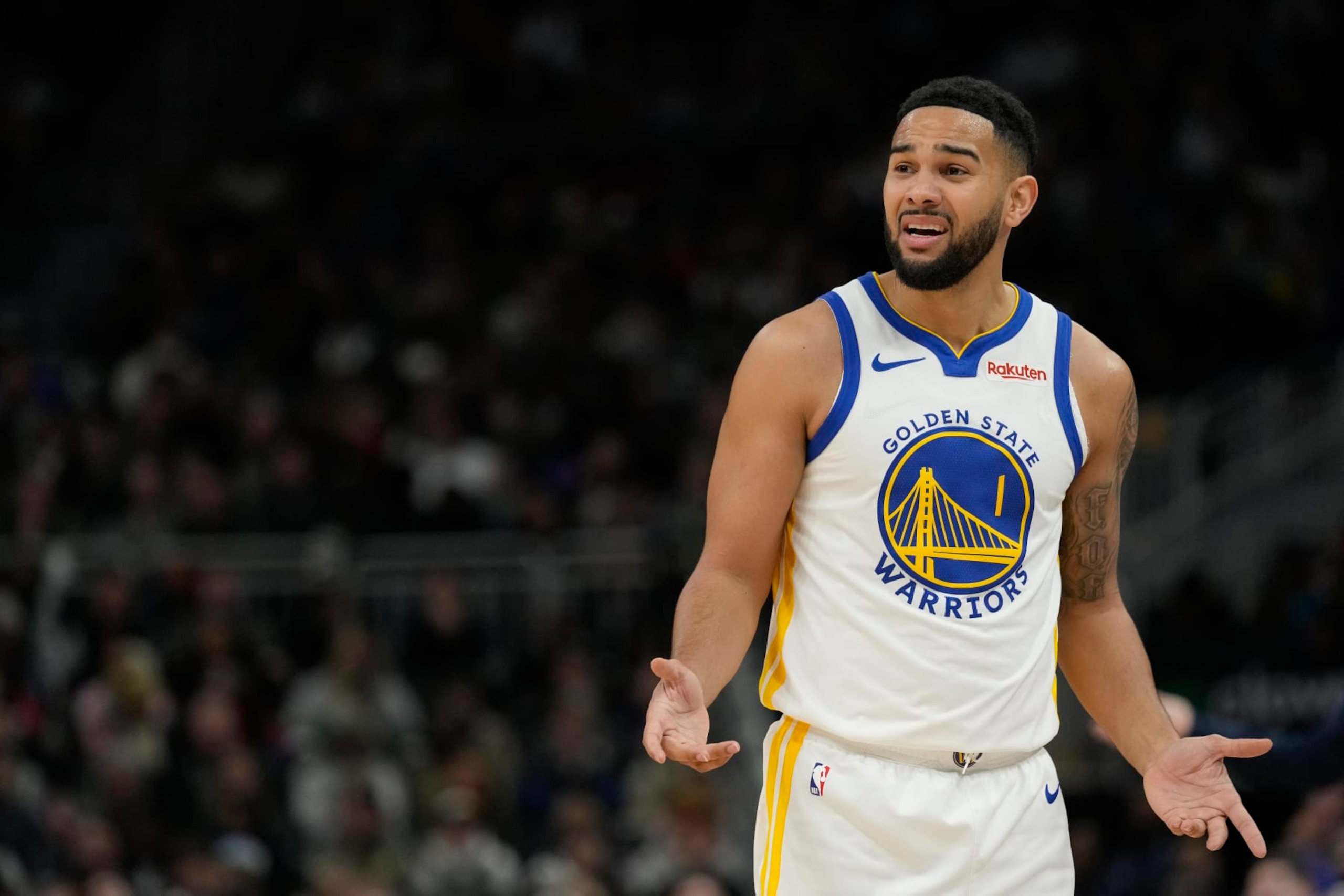 MILWAUKEE, WISCONSIN - JANUARY 13: Cory Joseph #1 of the Golden State Warriors reacts in the second half against the Milwaukee Bucks at Fiserv Forum on January 13, 2024 in Milwaukee, Wisconsin. NOTE TO USER: User expressly acknowledges and agrees that, by downloading and or using this photograph, User is consenting to the terms and conditions of the Getty Images License Agreement. (Photo by Patrick McDermott/Getty Images)