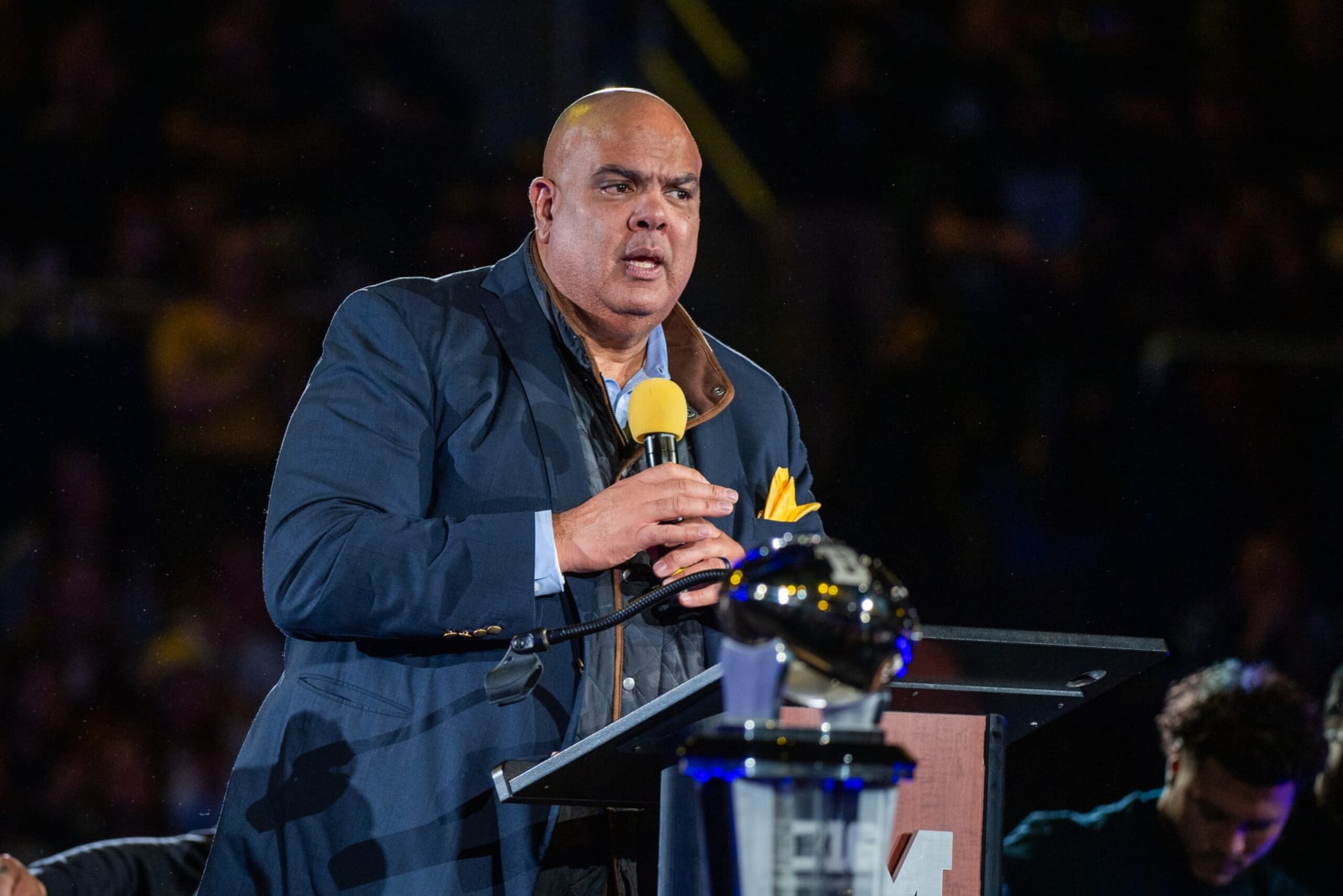 ANN ARBOR, MICHIGAN - JANUARY 13: Athletic Director Warde Manuel of the Michigan Wolverines speaks onstage during the National Championship Celebration at Crisler Center on January 13, 2024 in Ann Arbor, Michigan. (Photo by Aaron J. Thornton/Getty Images)