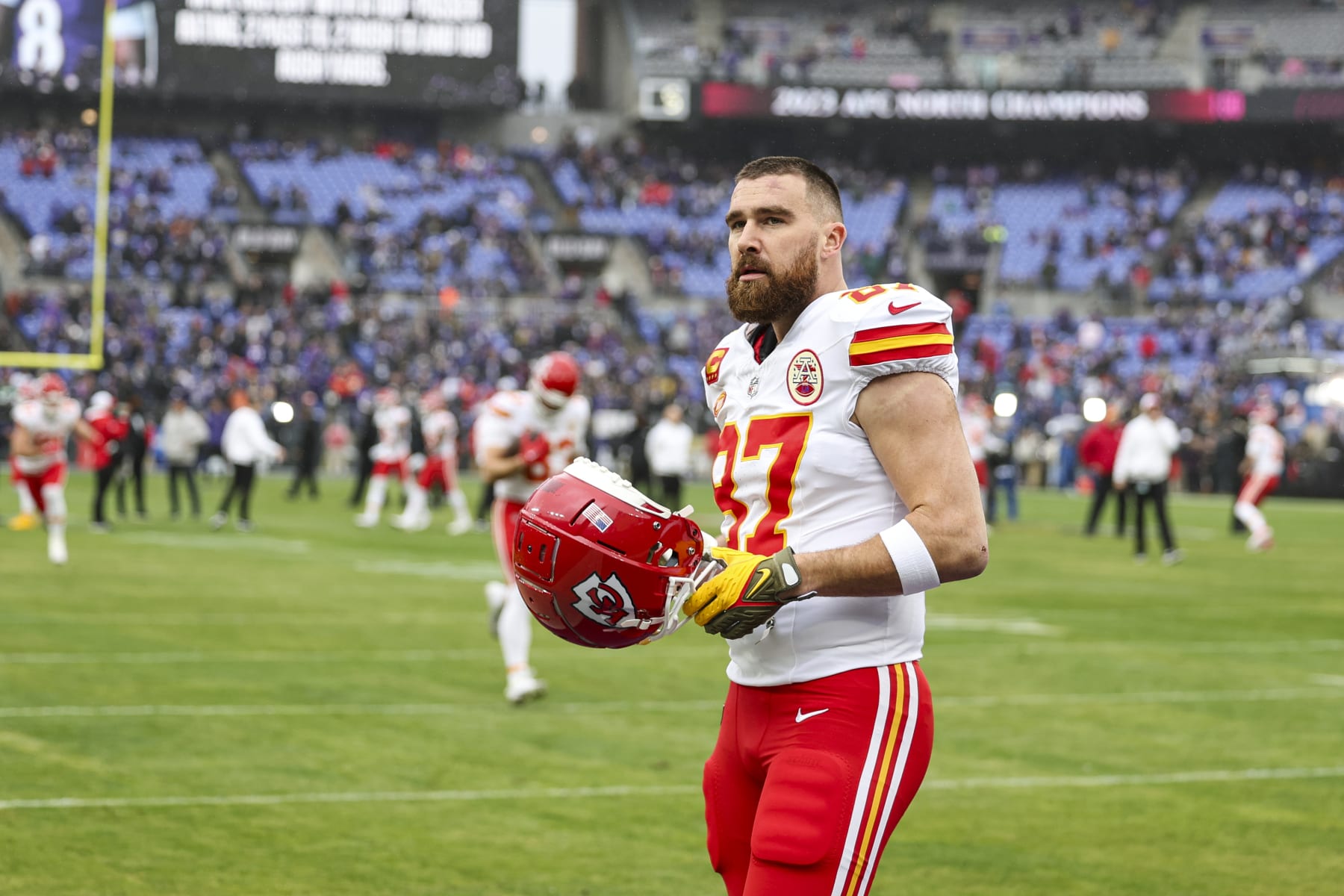 BALTIMORE, MD - JANUARY 28: Travis Kelce #87 of the Kansas City Chiefs warms up prior to the AFC Championship NFL football game against the Baltimore Ravens at M&T Bank Stadium on January 28, 2024 in Baltimore, Maryland. (Photo by Perry Knotts/Getty Images)