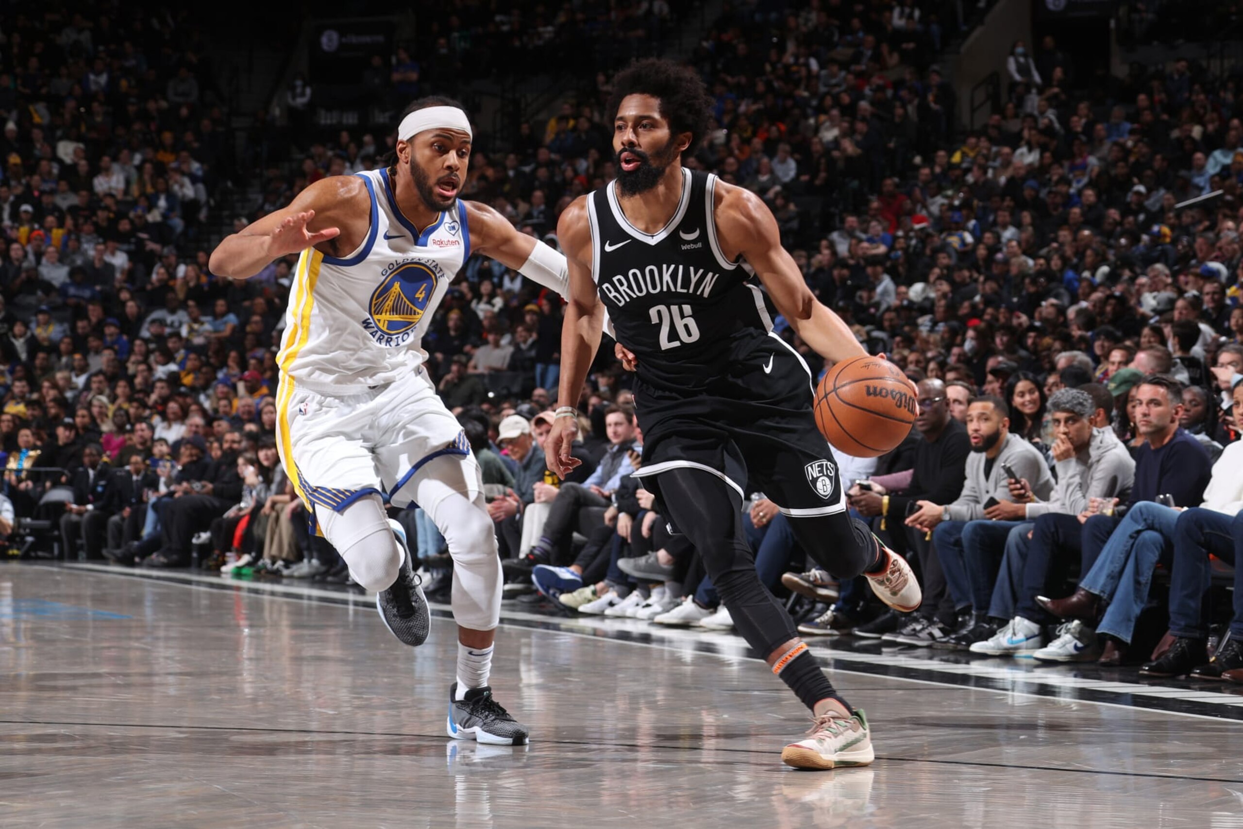 BROOKLYN, NY - FEBRUARY 5: Spencer Dinwiddie #26 of the Brooklyn Nets dribbles the ball during the game against the Golden State Warriors  on February 5, 2024 at Barclays Center in Brooklyn, New York. NOTE TO USER: User expressly acknowledges and agrees that, by downloading and or using this Photograph, user is consenting to the terms and conditions of the Getty Images License Agreement. Mandatory Copyright Notice: Copyright 2024 NBAE (Photo by Nathaniel S. Butler/NBAE via Getty Images)
